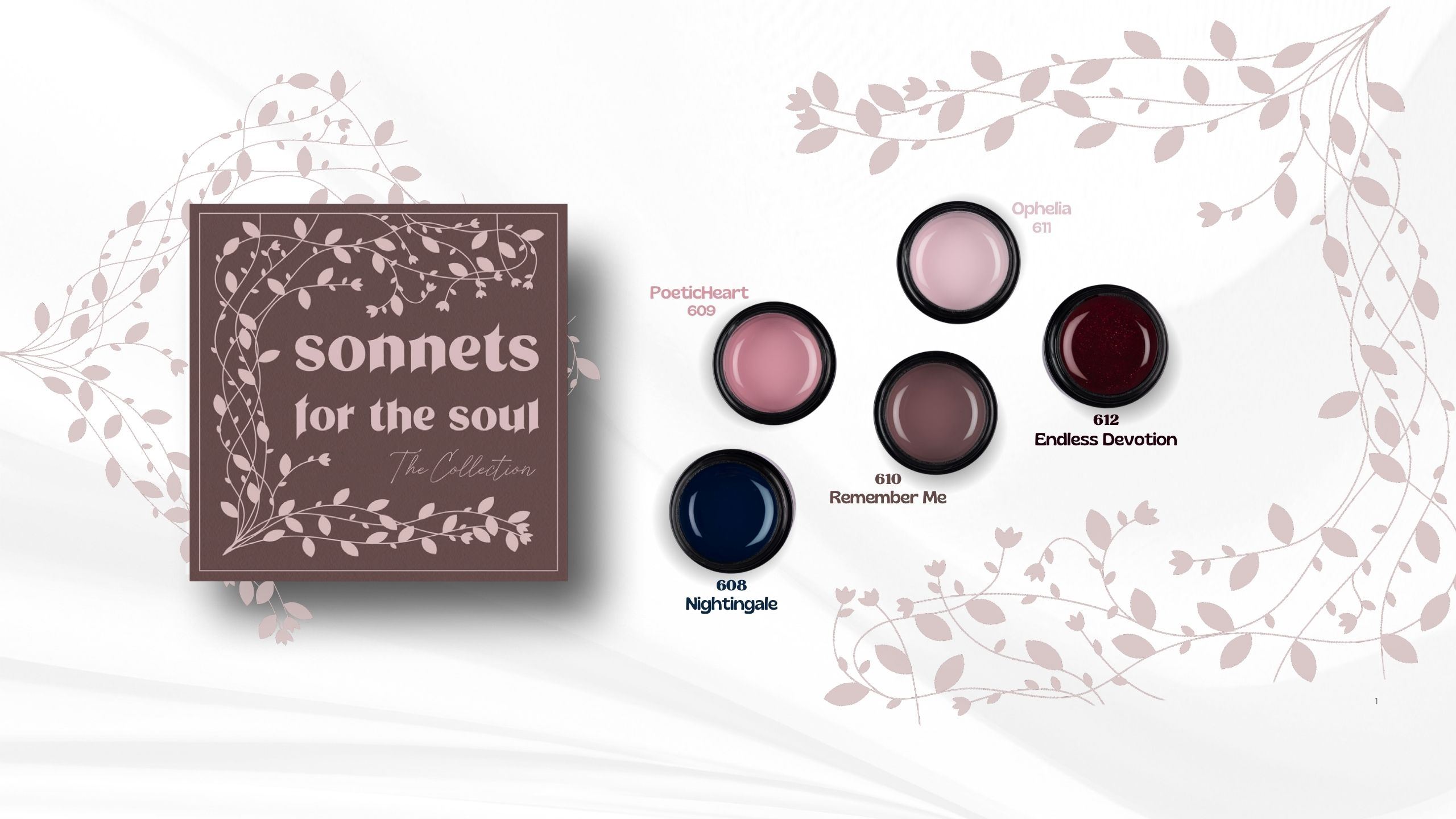 Le coffret Sonnets for the Soul et ses cinq pots numérotés 608 à 612, sur un fond de feuillages
