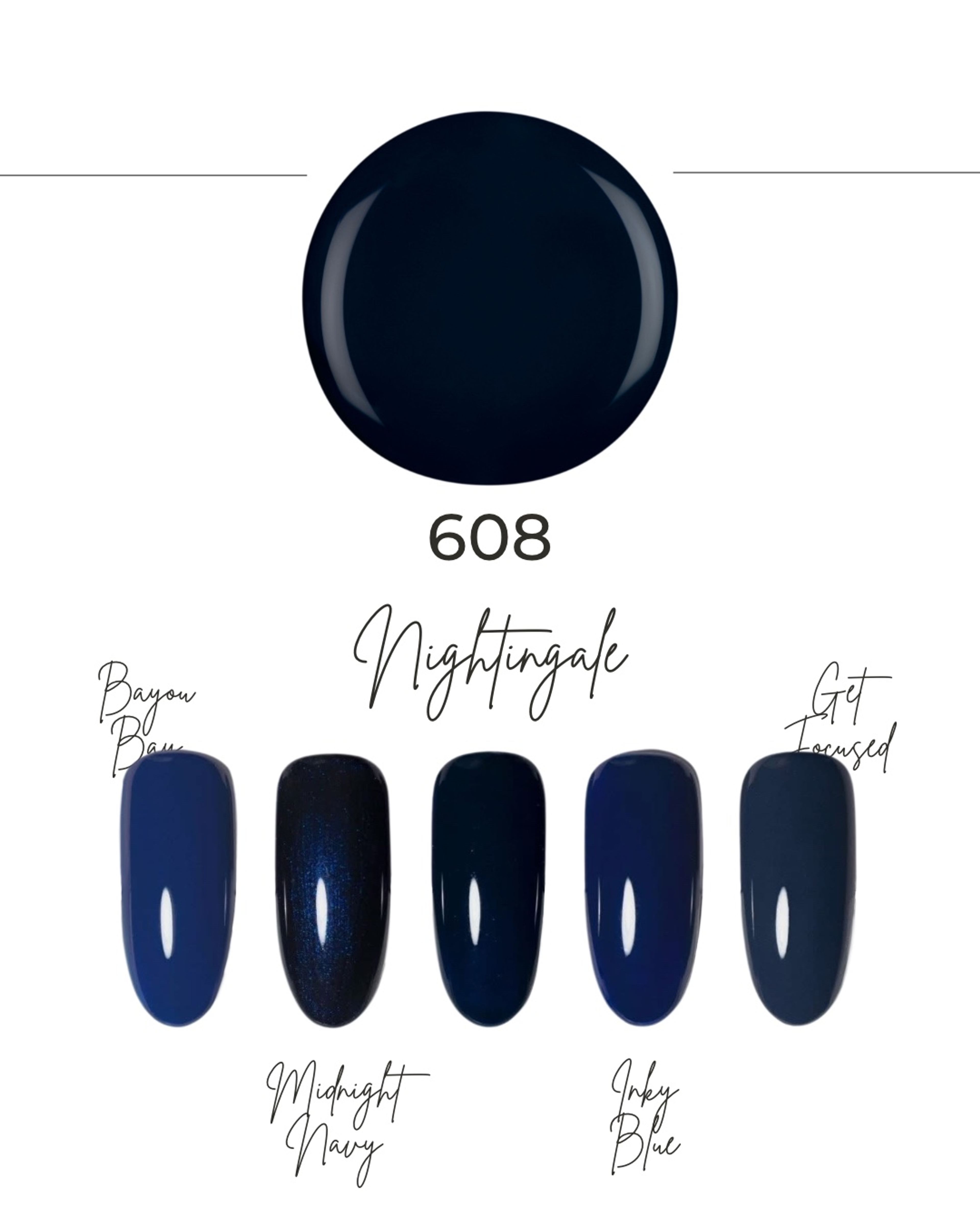 Nuancier de la teinte Nightingale 608 : pastille bleu nuit et cinq ongles, de Bayou Blues à Get Focused