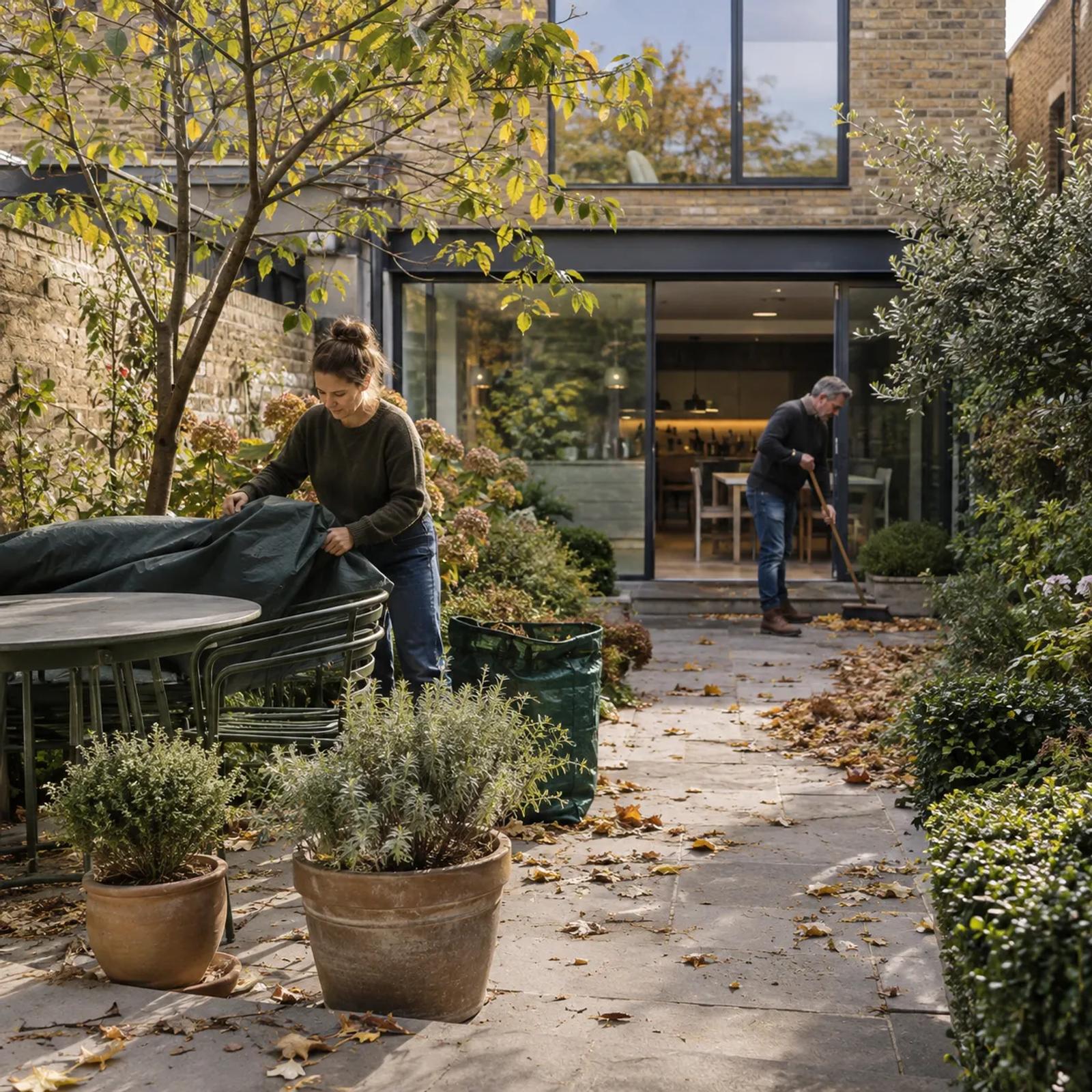 A couple tidying a courtyard garden in autumn, covering outdoor furniture and sweeping fallen leaves from the paving.