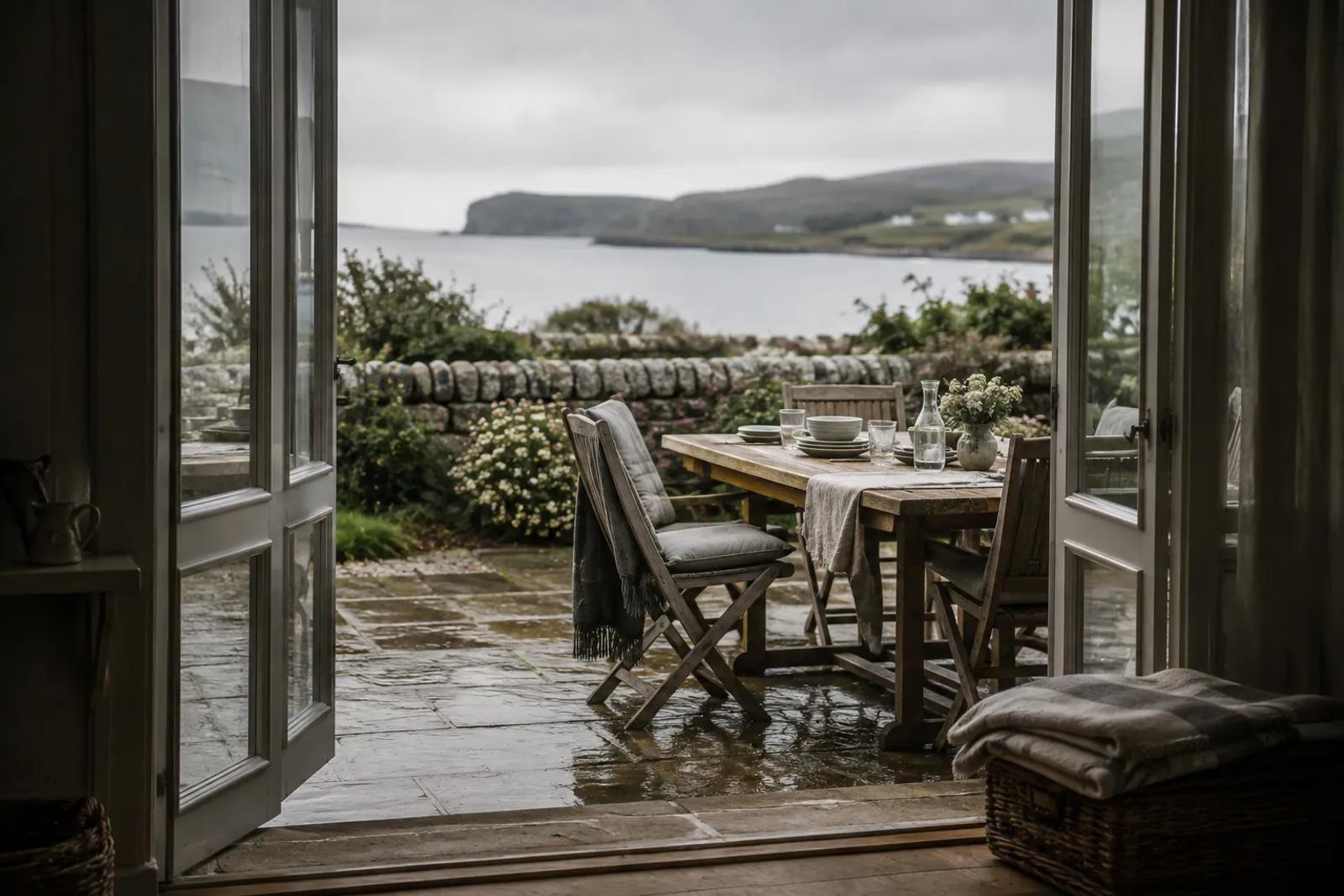An outdoor table set on a wet stone terrace under a grey sky, with blankets and throws ready by the open doors, a British bank holiday weather plan in place.