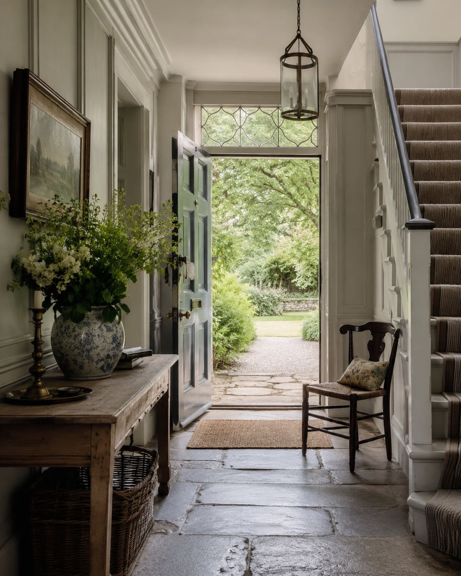 An entrance hall with the front door open to the garden on a summer morning, cool stone flags underfoot.