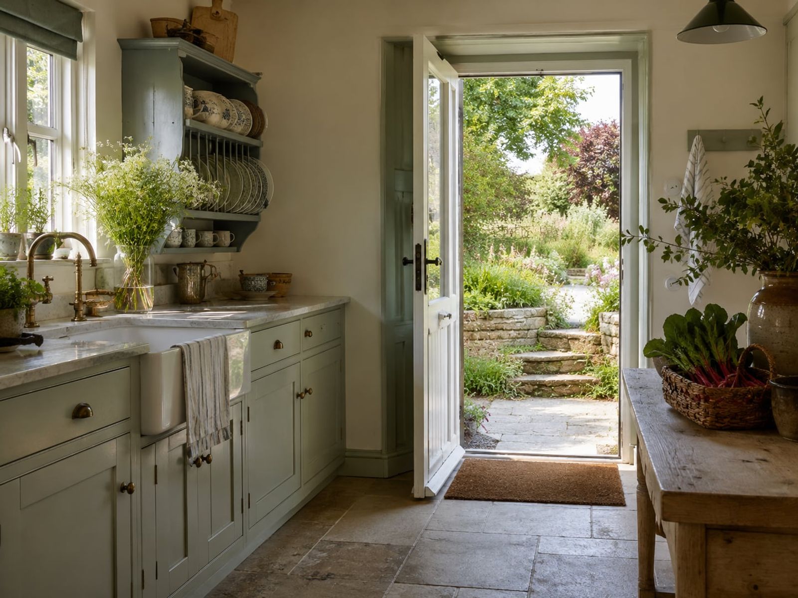 A calm country kitchen with the garden door open and fresh produce on the table.