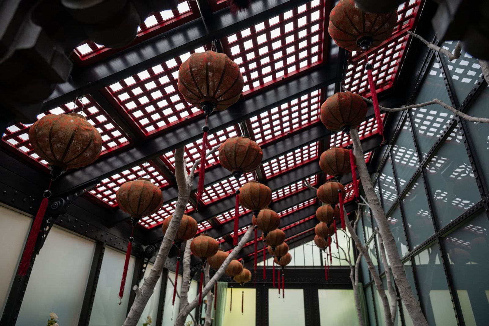 Bamboo and hanging lanterns in the Japanese-inspired room at Talliston House and Gardens.