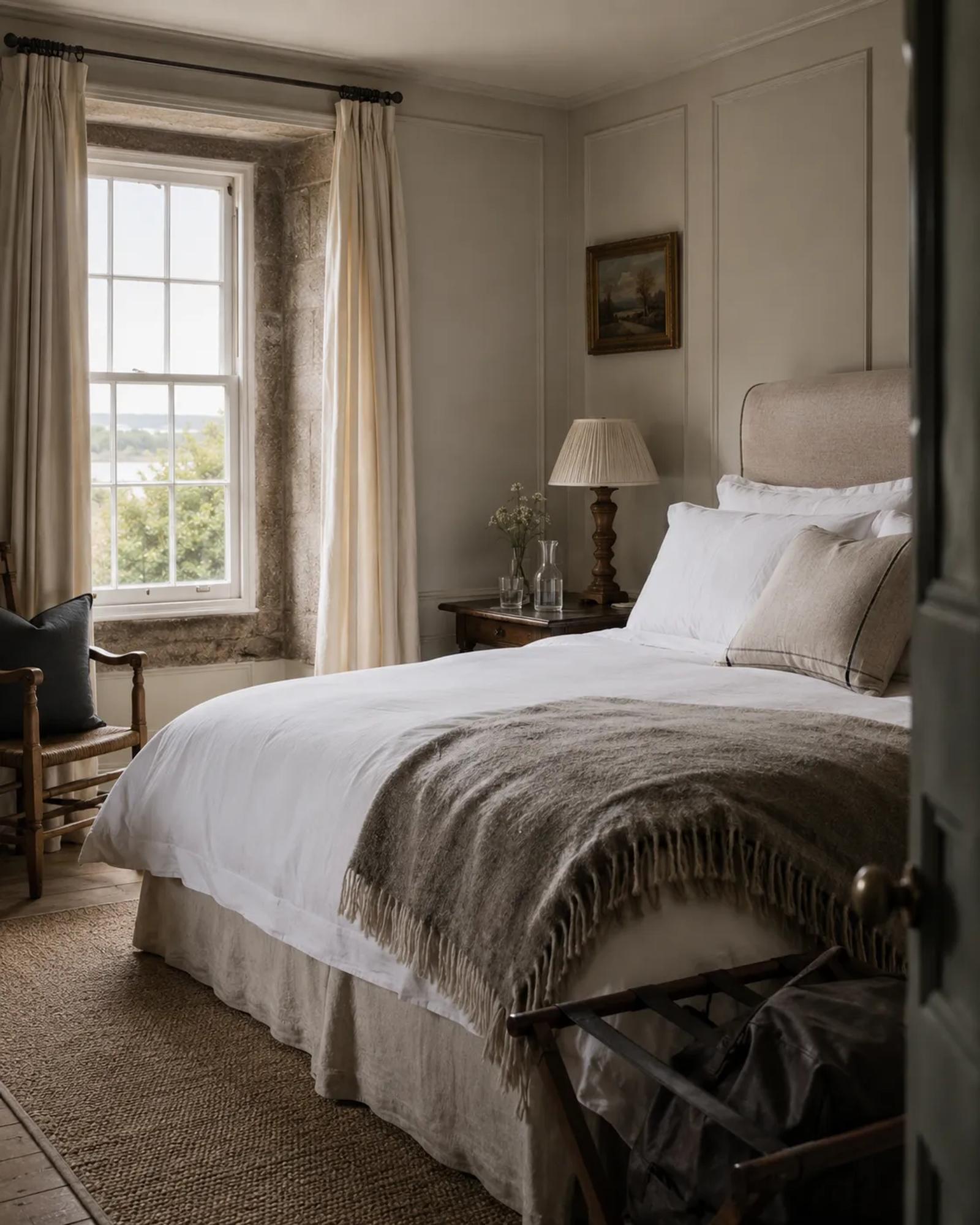 A guest bedroom made up with crisp white linen, a wool throw, bedside lamp and water carafe, ready for overnight bank holiday guests.