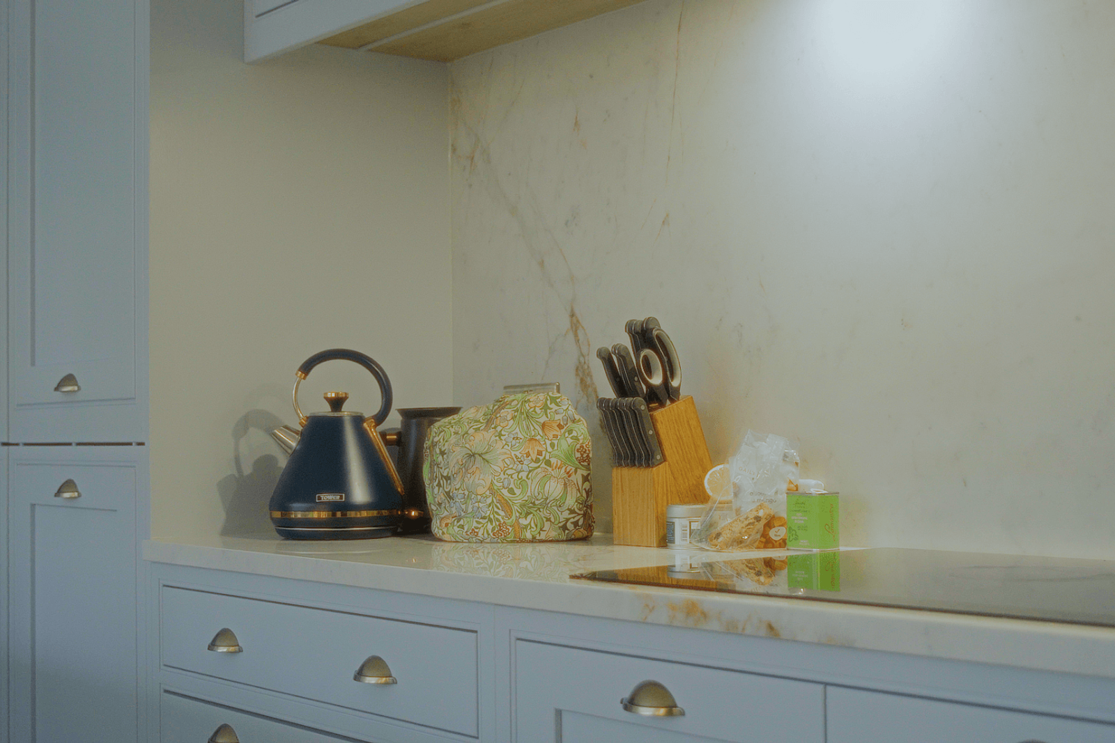 Beckenham home interiors kitchen worktop with kettle, knife block and everyday items