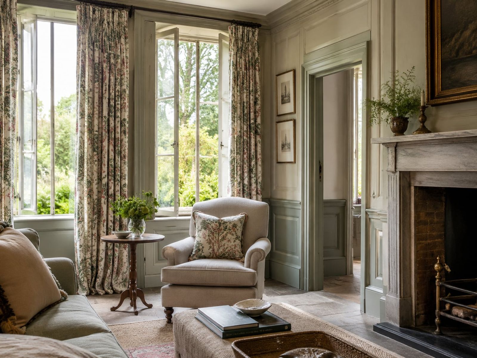 A panelled sitting room with windows open on two sides, air drawn through to the room beyond.