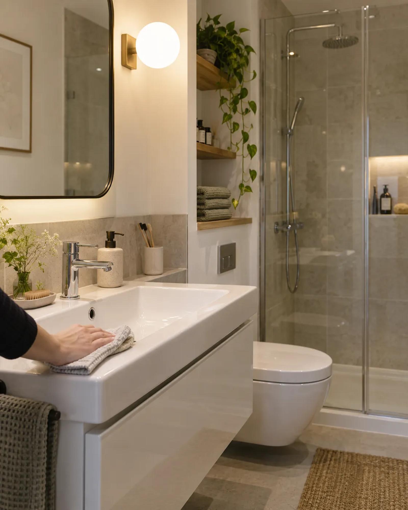 A hand wiping down the basin in a softly lit bathroom, giving a high-use room a proper autumn clean.