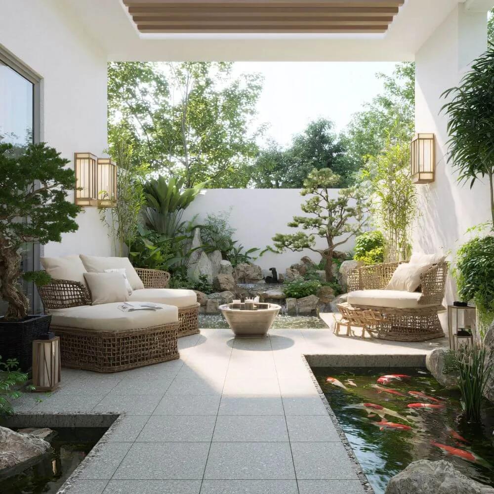 Sun-drenched patio back garden with soft neutral tone furniture