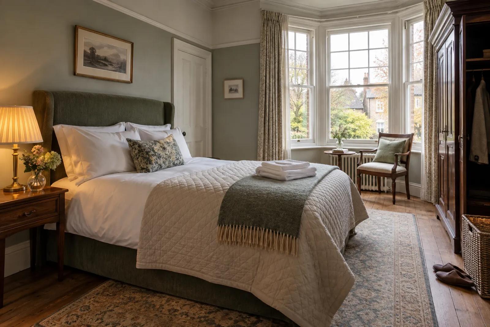 A calm green guest bedroom with fresh bedding, a wool throw and folded towels, prepared for autumn visitors.