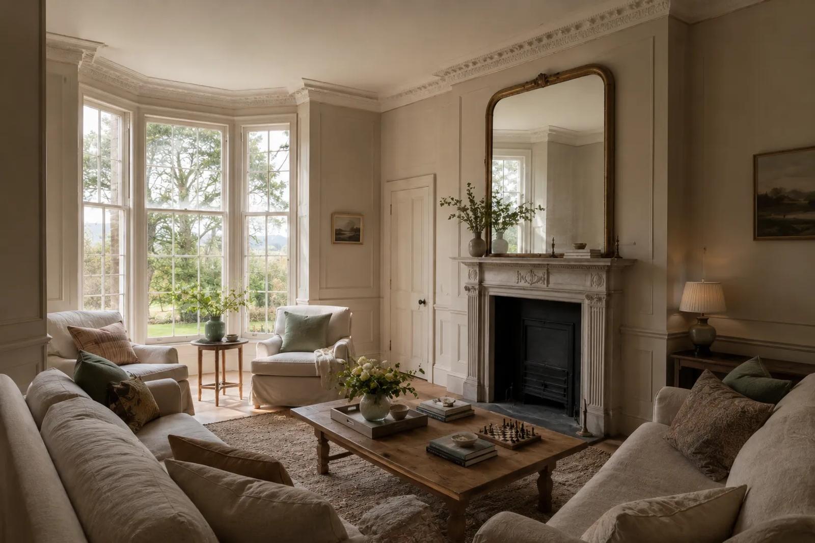 A calm sitting room with linen sofas, a fireplace, gilt mirror and a coffee table set with books and a game, ready for guests to gather indoors.