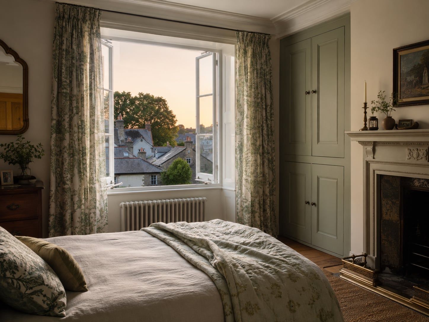 A serene bedroom at dusk with the sash window open over rooftops, light bed linen and soft floral curtains.
