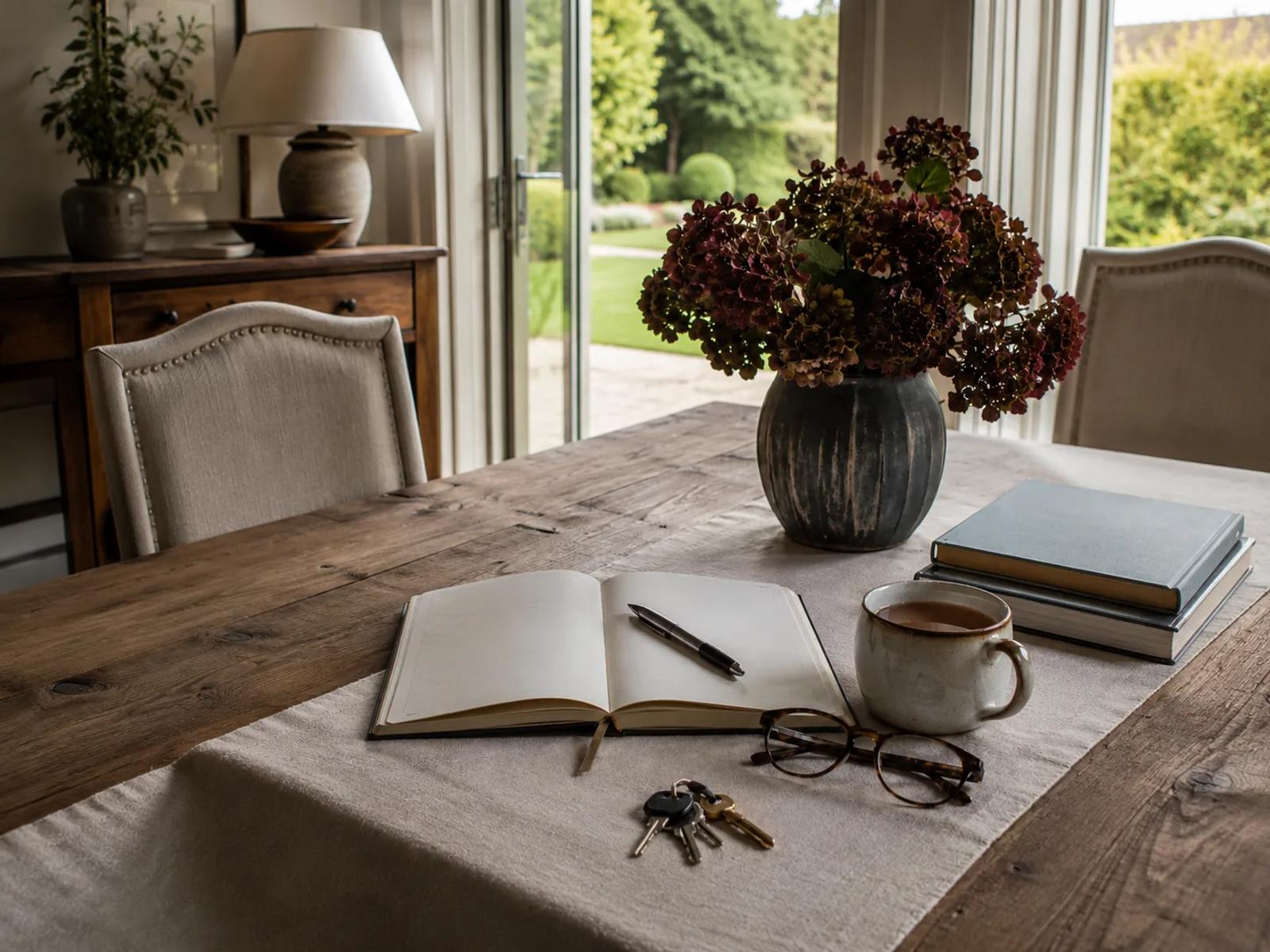 A dining table set for a September home plan with an open notebook, pen, keys and a cup of coffee beside garden doors.