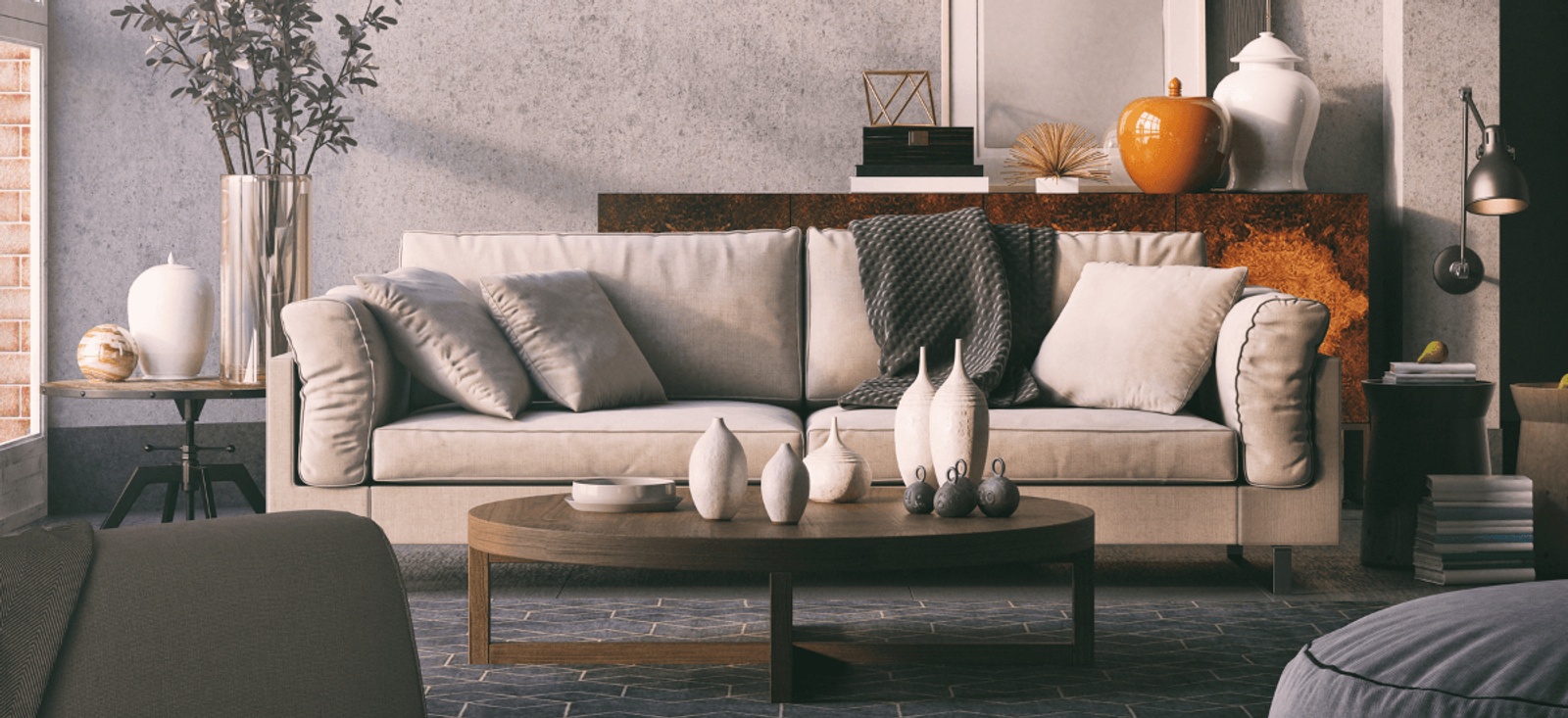 Home stewardship interior with neutral sofa styling, layered textures and considered decorative details