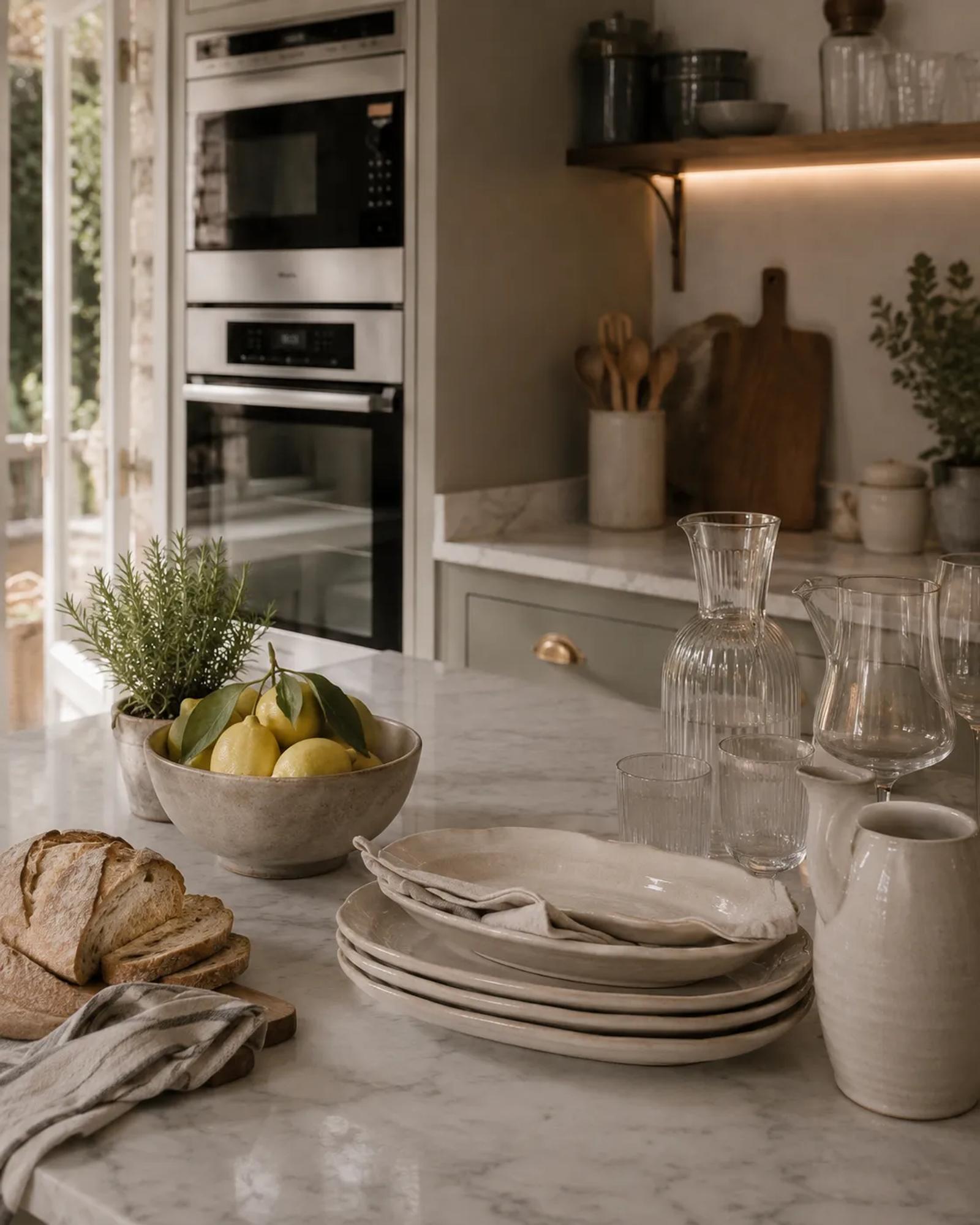 A marble kitchen island set with stacked plates, glassware, bread and a bowl of lemons, a kitchen brought into order before hosting guests.