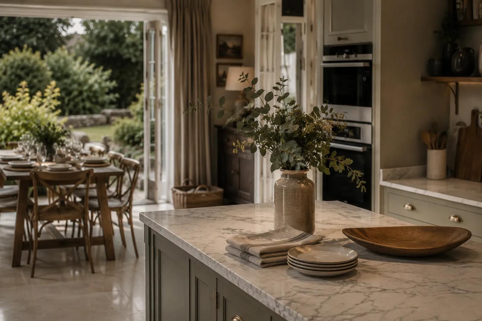 An open-plan kitchen and dining room with French doors open to the garden, set for guests moving between indoors and out over a bank holiday weekend.