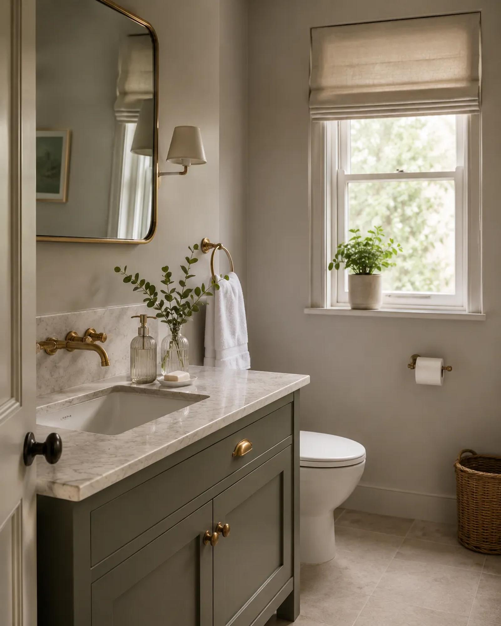A fresh guest bathroom with a sage vanity, marble top, white hand towels and soap, prepared for weekend visitors.