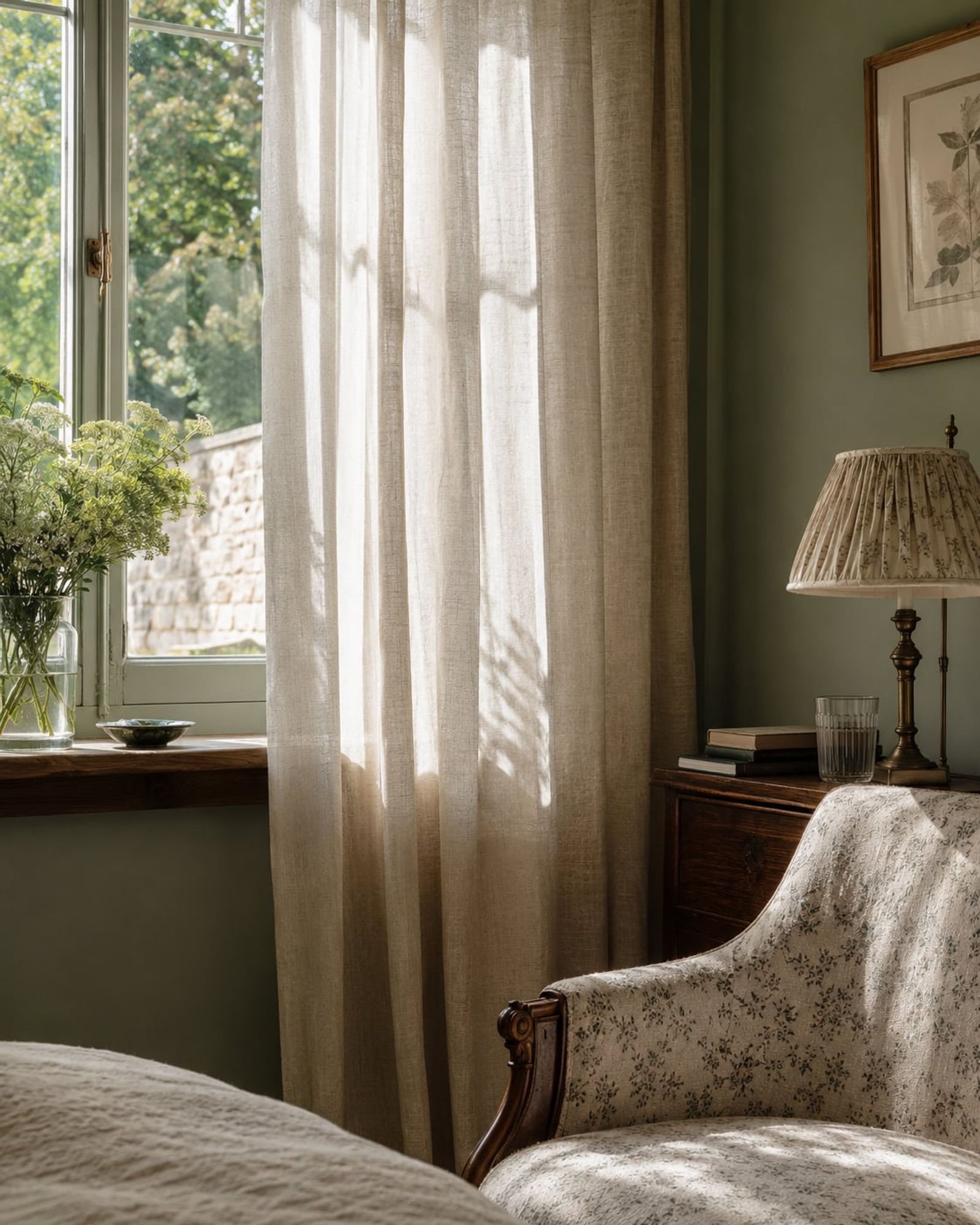 Soft summer light filtered through a sheer linen curtain in a green-painted room.