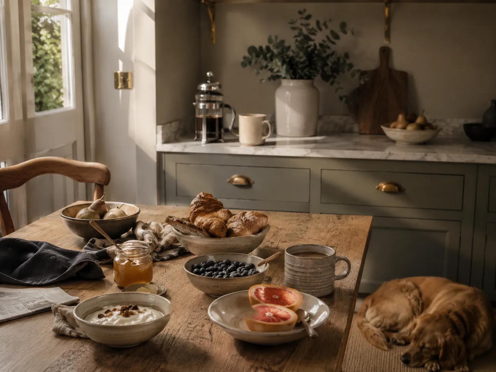 A relaxed breakfast table with coffee, croissants, yoghurt, blueberries and grapefruit, with a dog resting nearby, the morning after hosting guests.