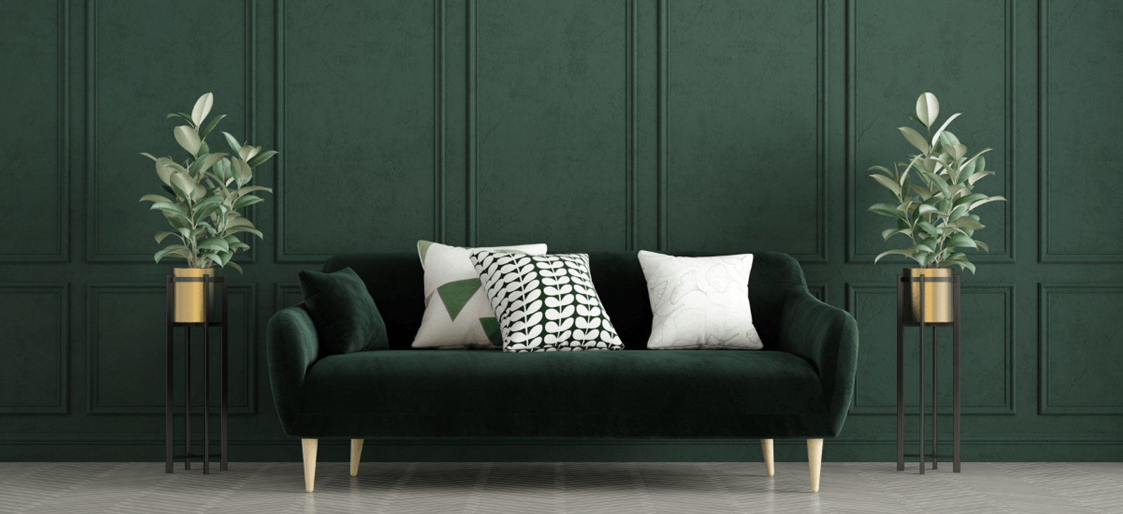 Home stewardship interior with green panelled wall, sofa styling and balanced decorative elements