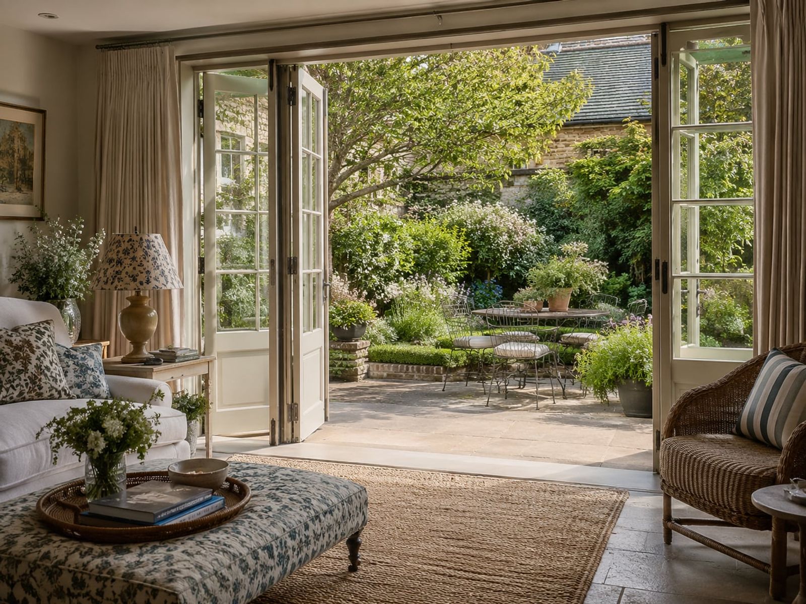 A sitting room opening through French doors onto a planted summer terrace.
