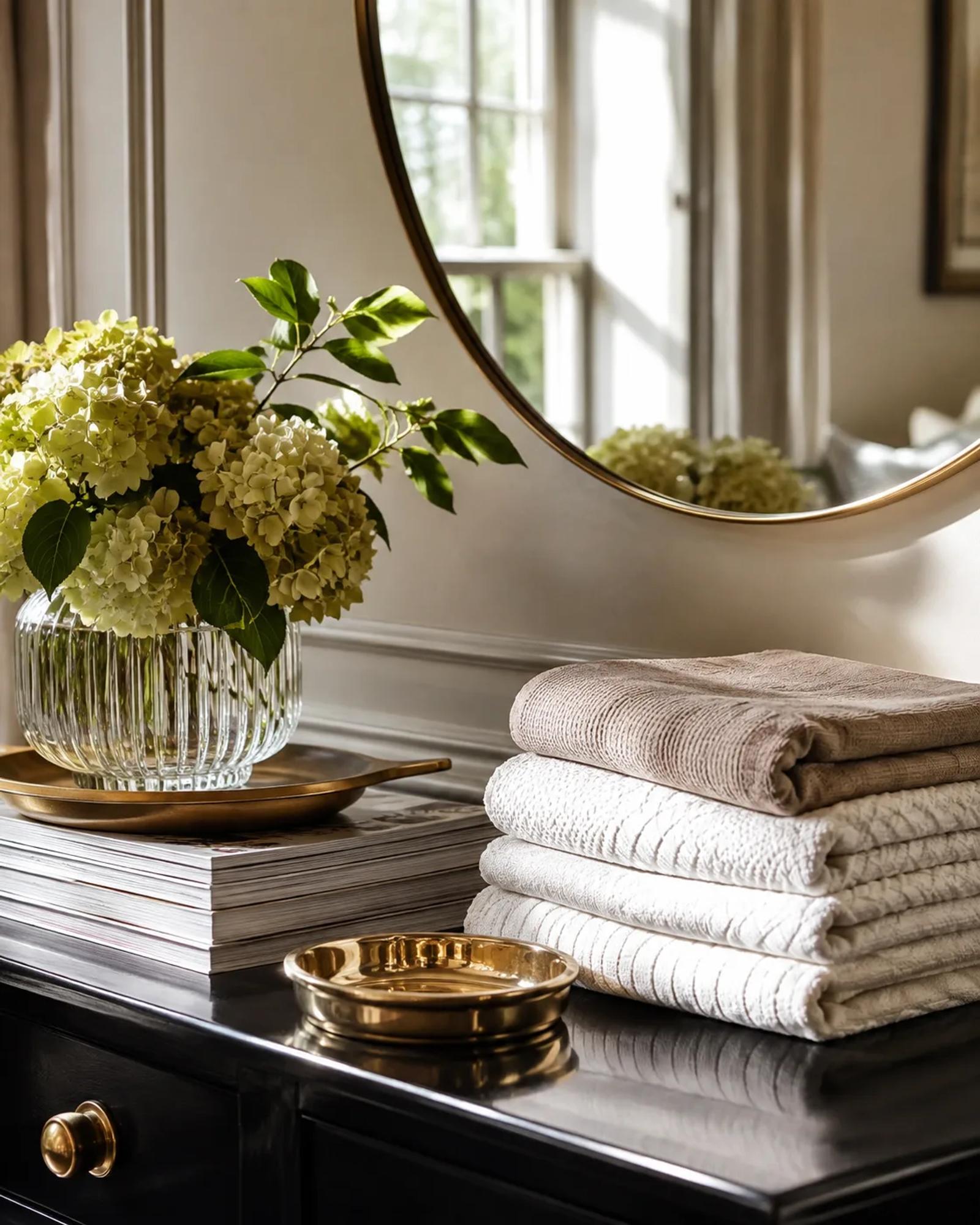 A hallway console styled with hydrangeas, a round mirror, folded hand towels and neatly stacked books.
