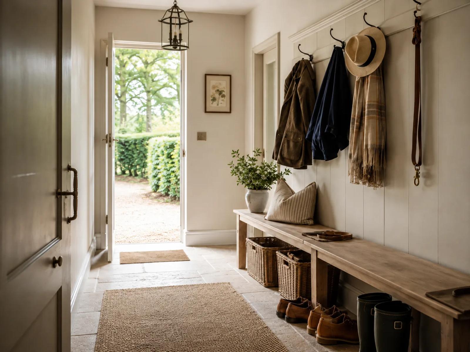A country entrance hall reset for late summer with a bench, baskets, wellington boots, coats and a sun hat on hooks.