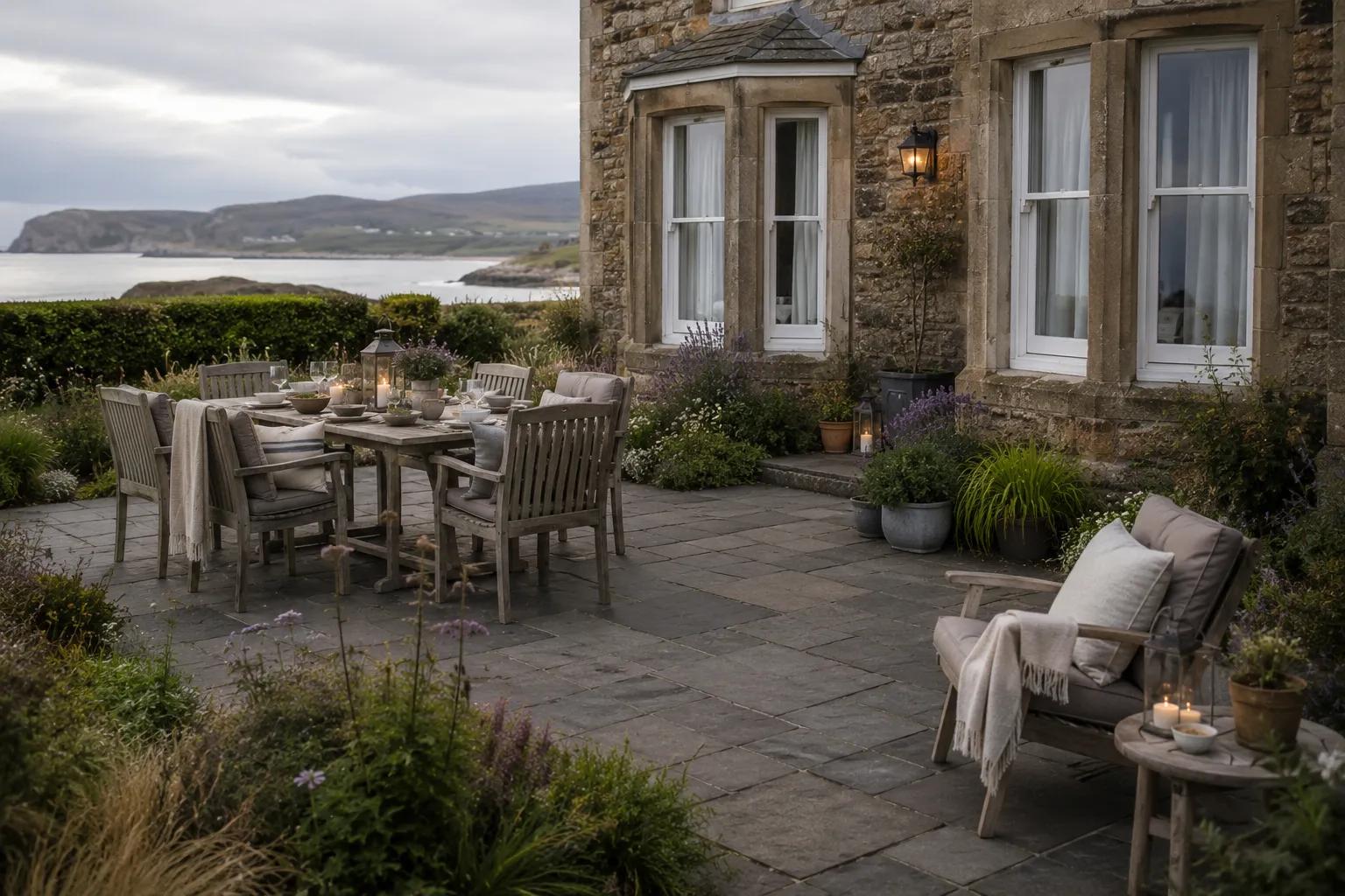 A late summer dining table set with candles and linen on a coastal stone terrace at dusk, prepared for bank holiday hosting at home.