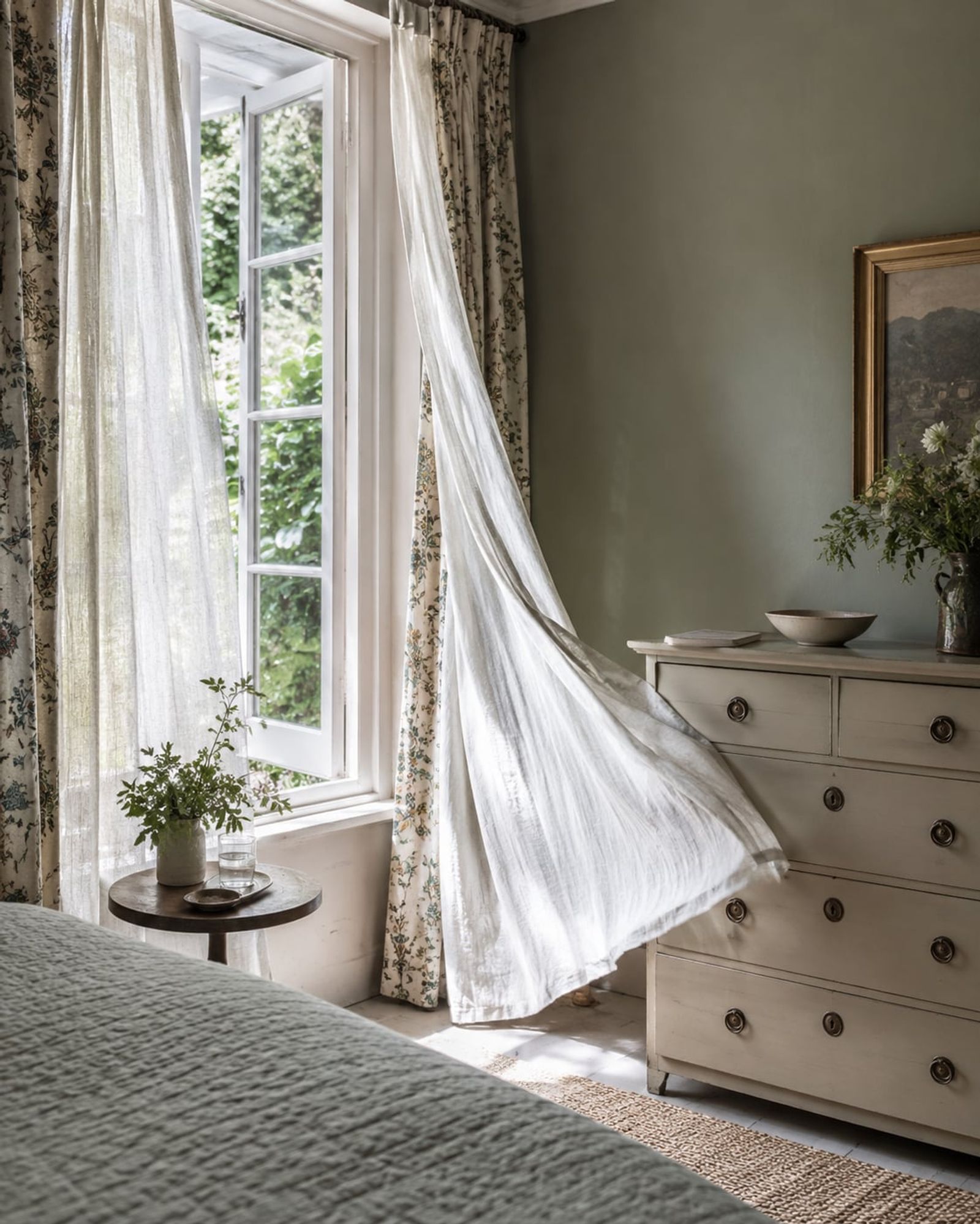 A bedroom curtain lifting in the evening breeze as cooler outdoor air moves into the room.