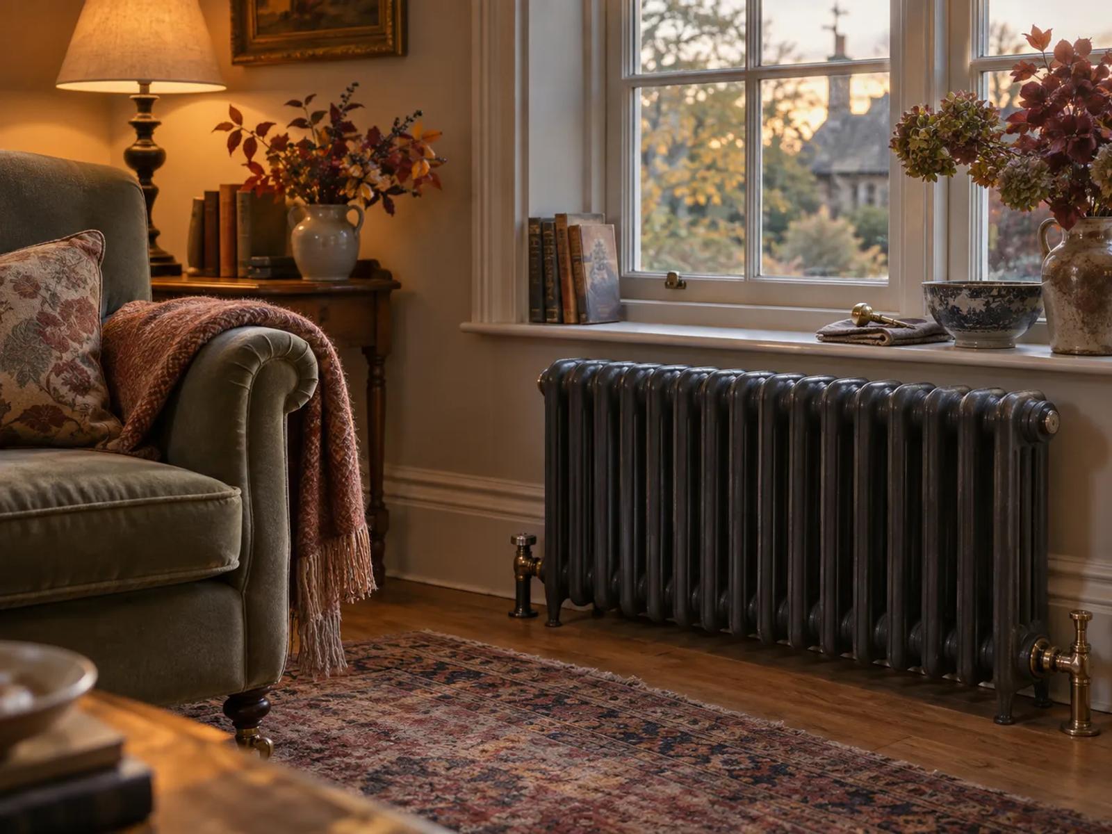 A traditional cast-iron radiator beneath a sash window in a warm sitting room, ready for the return of autumn heating.