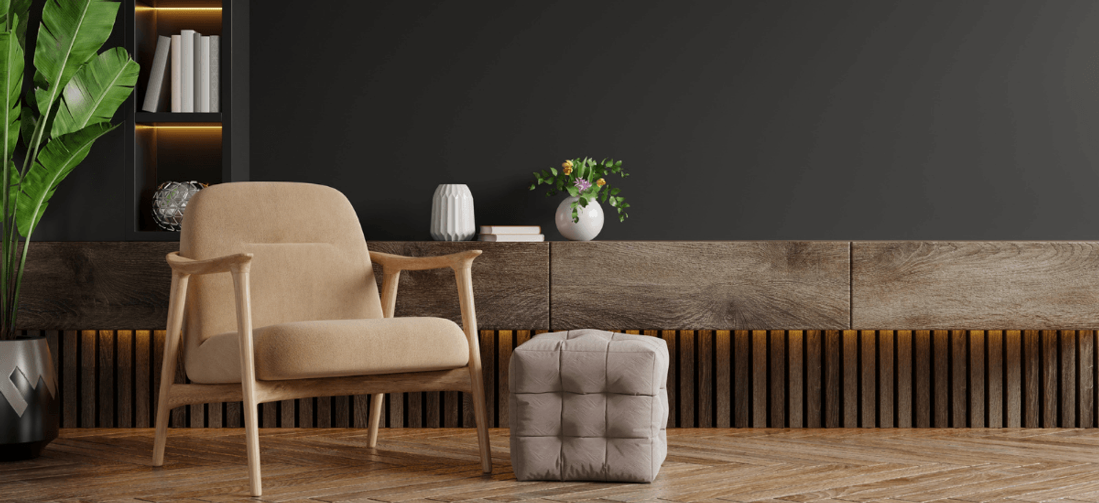 Home stewardship interior with well-maintained living space, natural materials and balanced styling