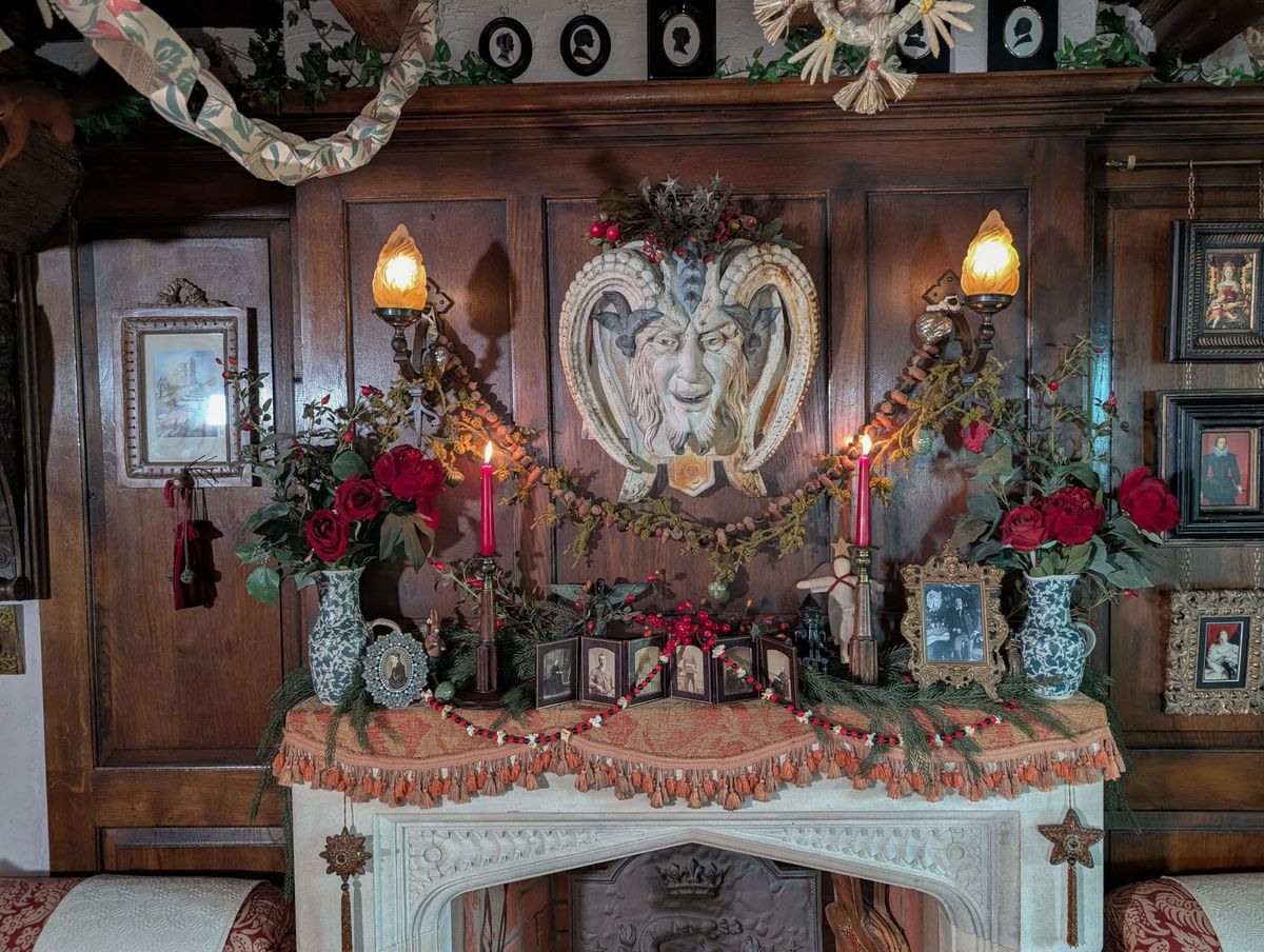 A dramatic carved mantelpiece at Talliston House and Gardens.