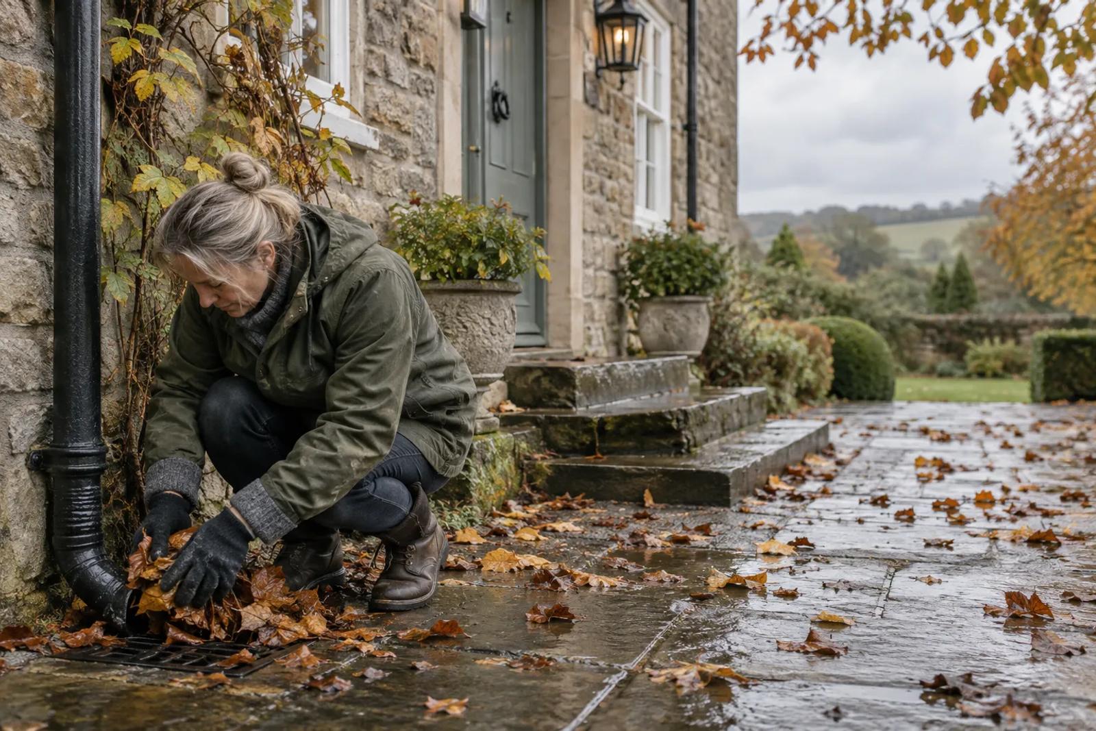 Someone clearing fallen leaves from a drain beside a downpipe outside a stone house on a wet October day.