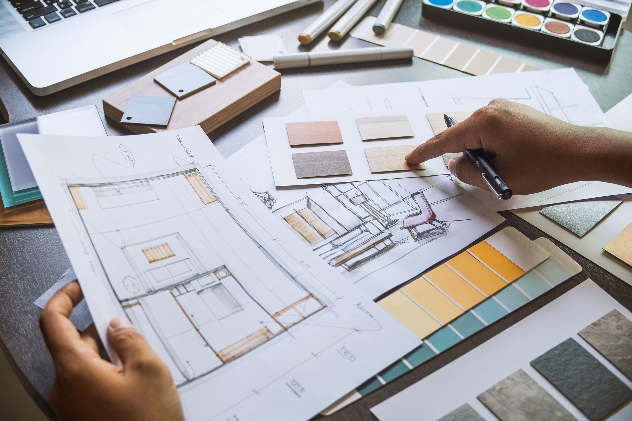 Designer planning colour schemes, materials and interior design