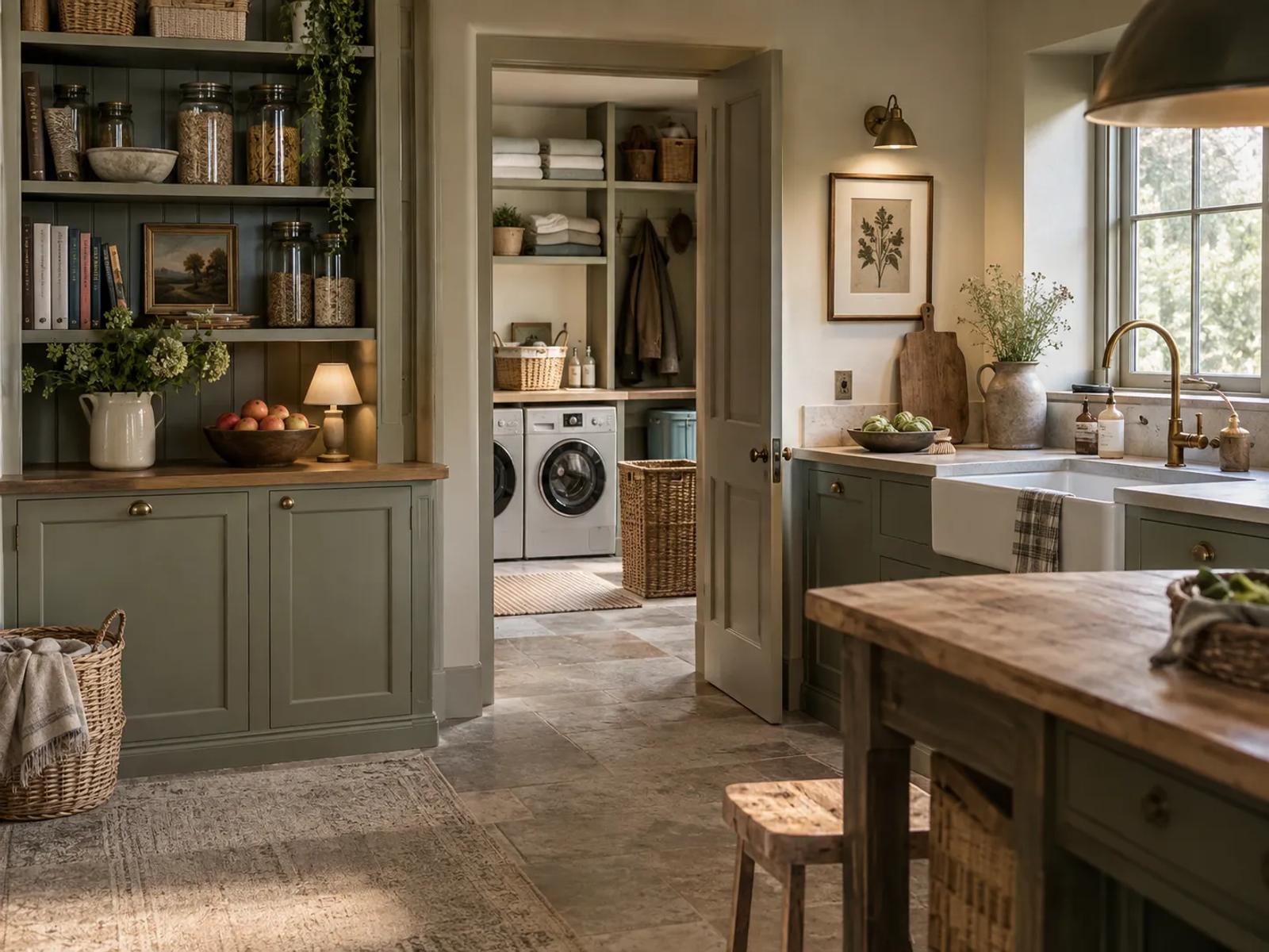 A calm sage-green kitchen opening into a utility and laundry room, reset and well stocked for autumn routines.