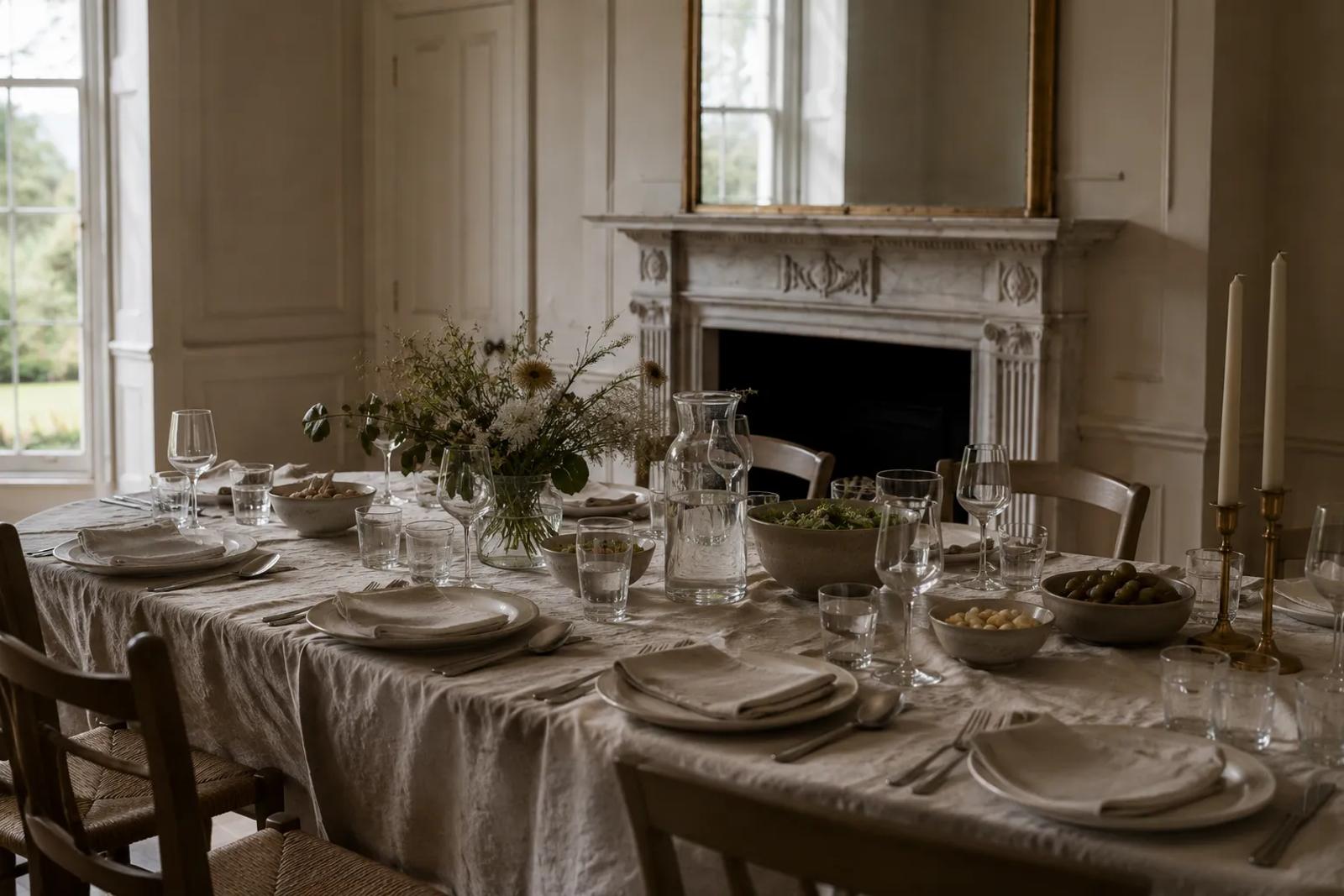 A dining table dressed with linen, simple tableware, garden flowers and candles for a generous, unfussy bank holiday meal at home.
