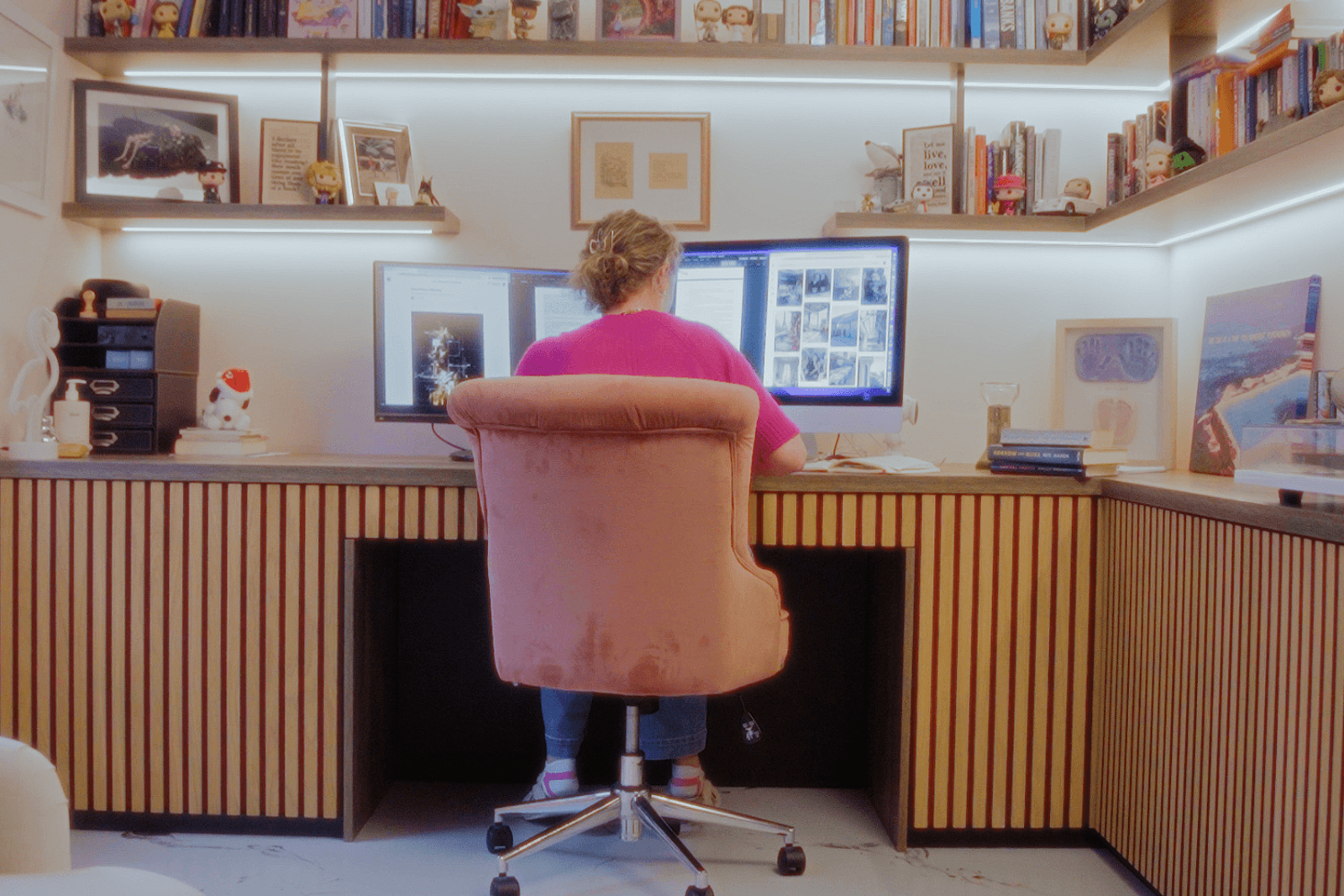 Beckenham home interiors home office with bespoke desk, shelving and integrated workspace