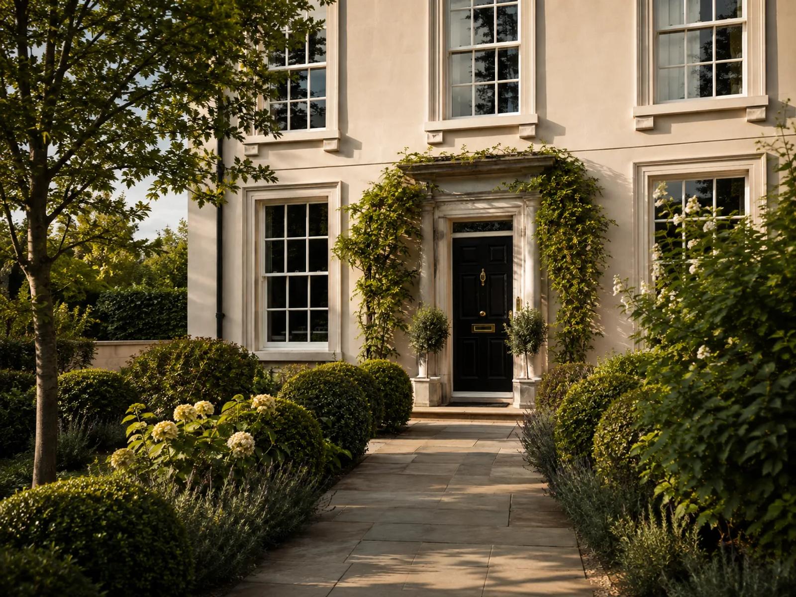 The exterior of a British home in August with a black front door, sash windows, clipped box hedges and a stone path.