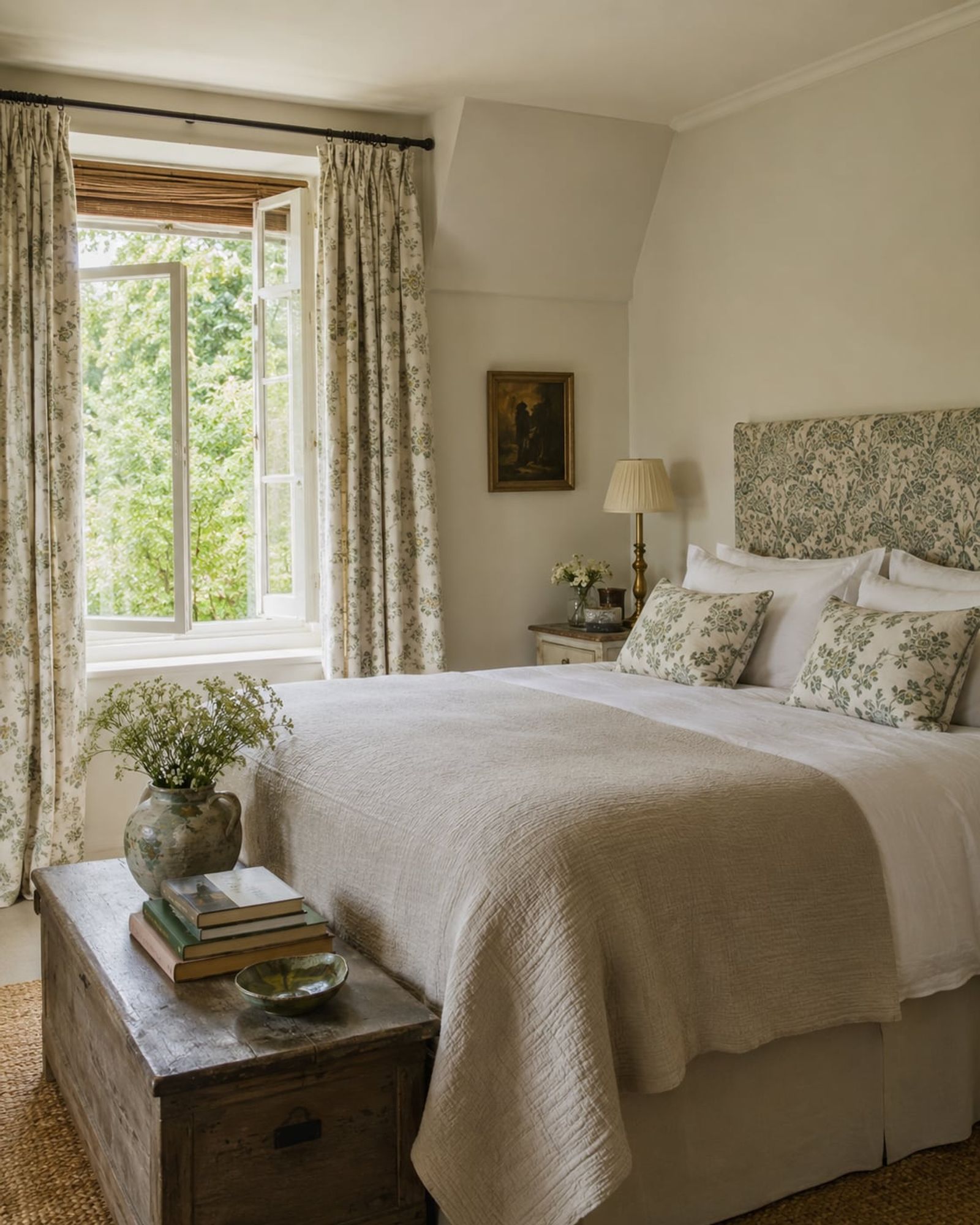 A pale summer bedroom dressed in light linen and cotton, uncluttered and cool.