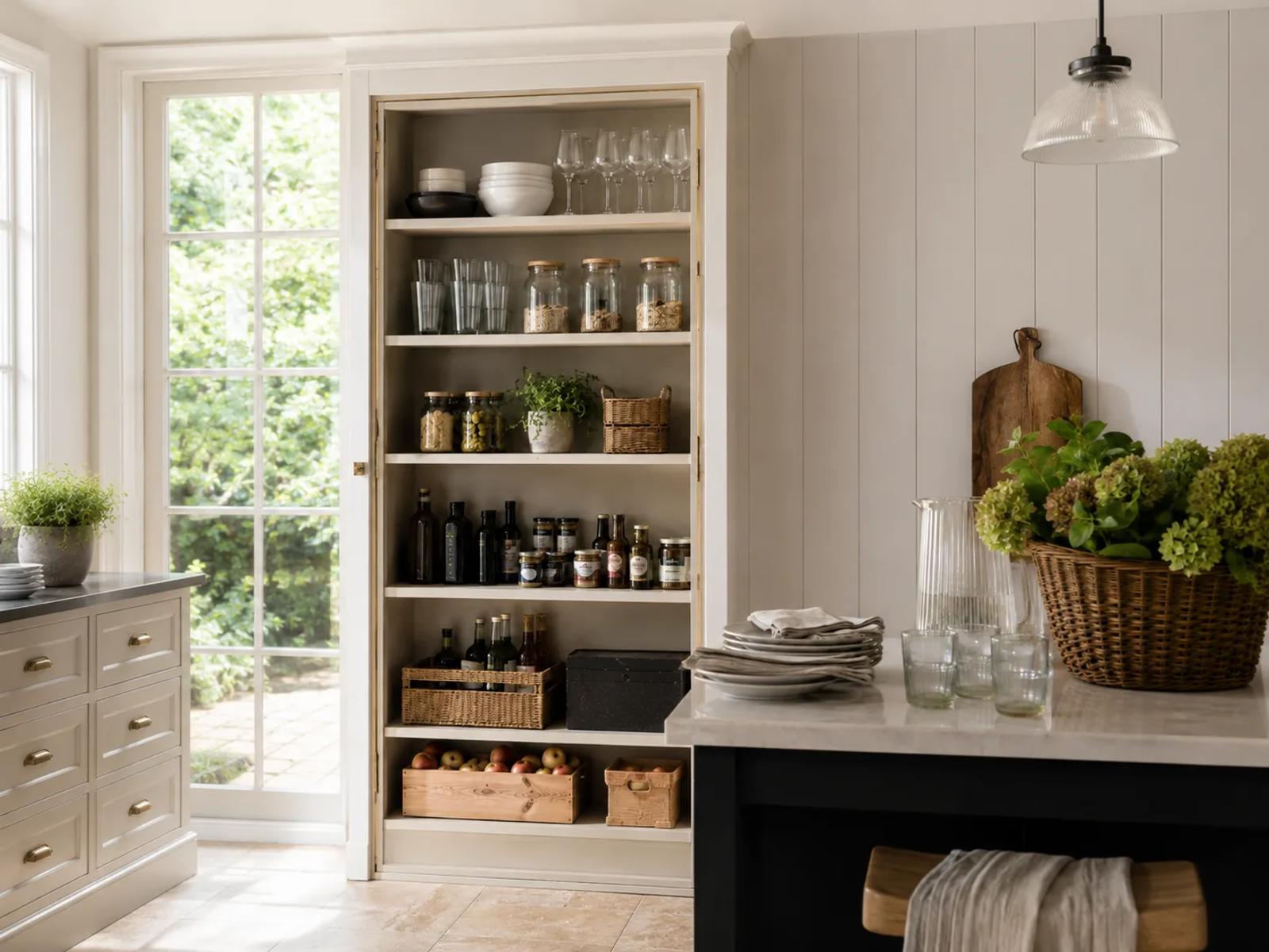 An open kitchen pantry organised for late summer with glassware, storage jars, dry goods and seasonal flowers.