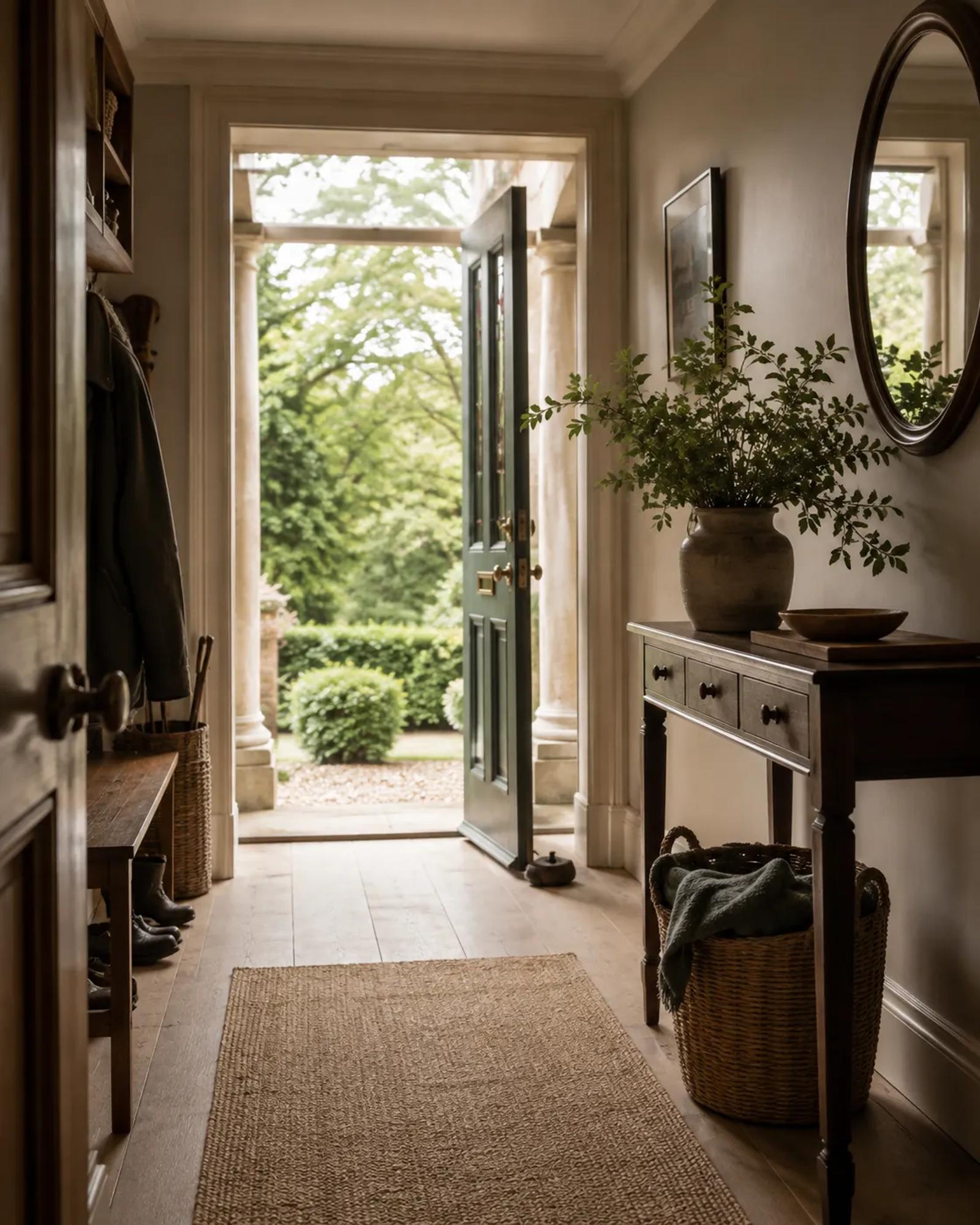 A country-house entrance hall with a jute runner, console table, mirror and basket, the front door open to the garden, ready to welcome bank holiday guests.