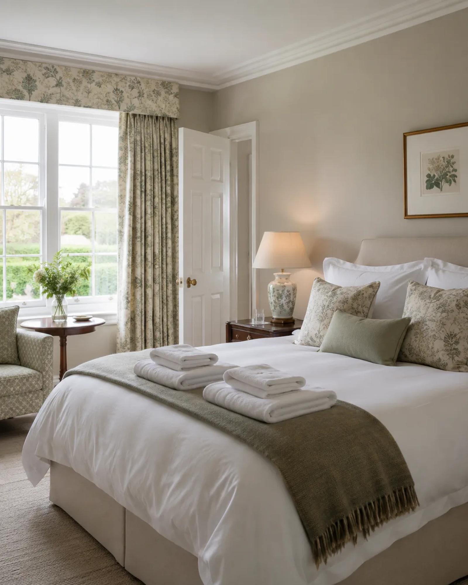 A guest bedroom prepared for late summer visitors with fresh white bed linen, folded towels and botanical prints.