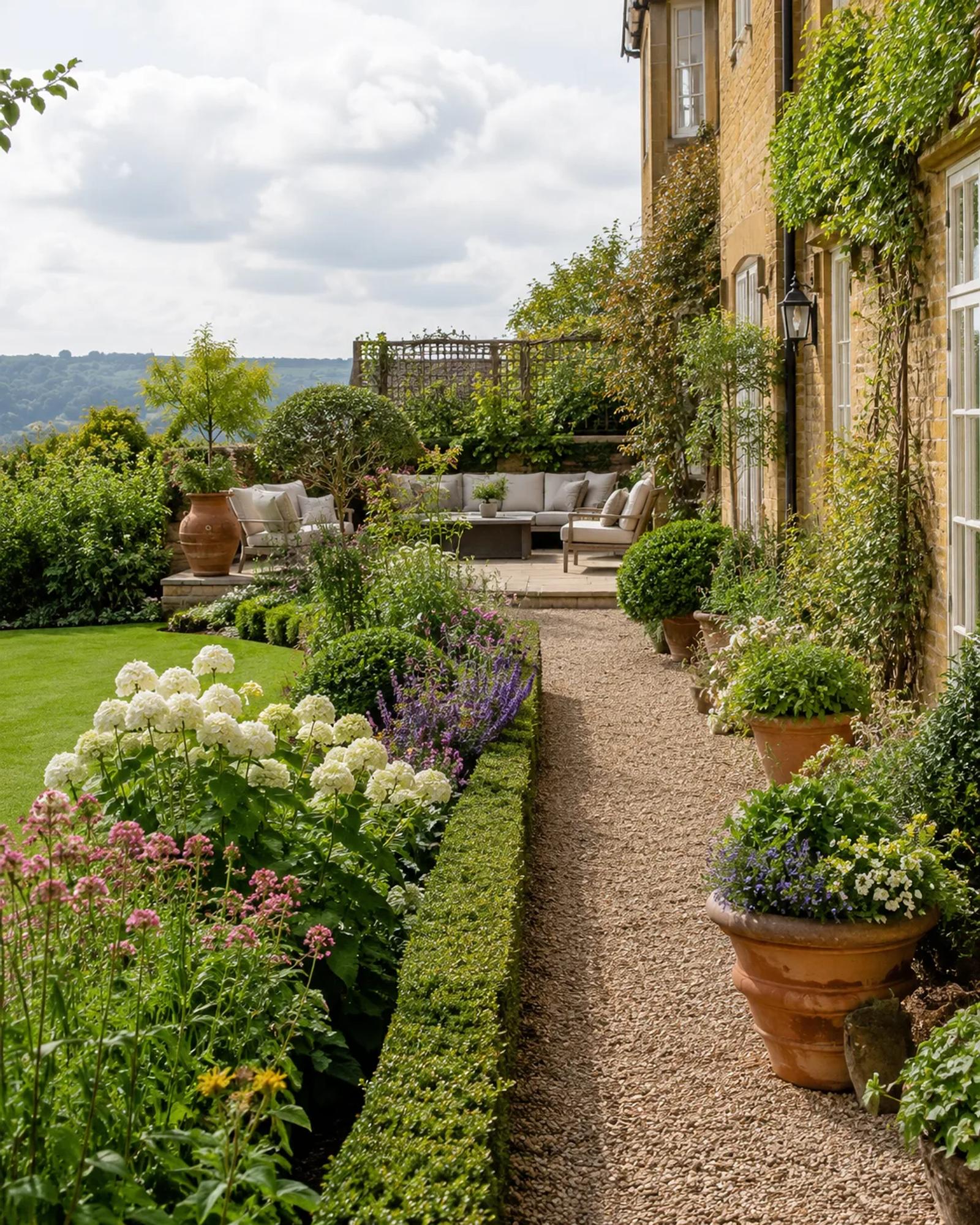 A late summer country garden with deep flower borders, terracotta pots, clipped hedging and a lawn beside a stone house.