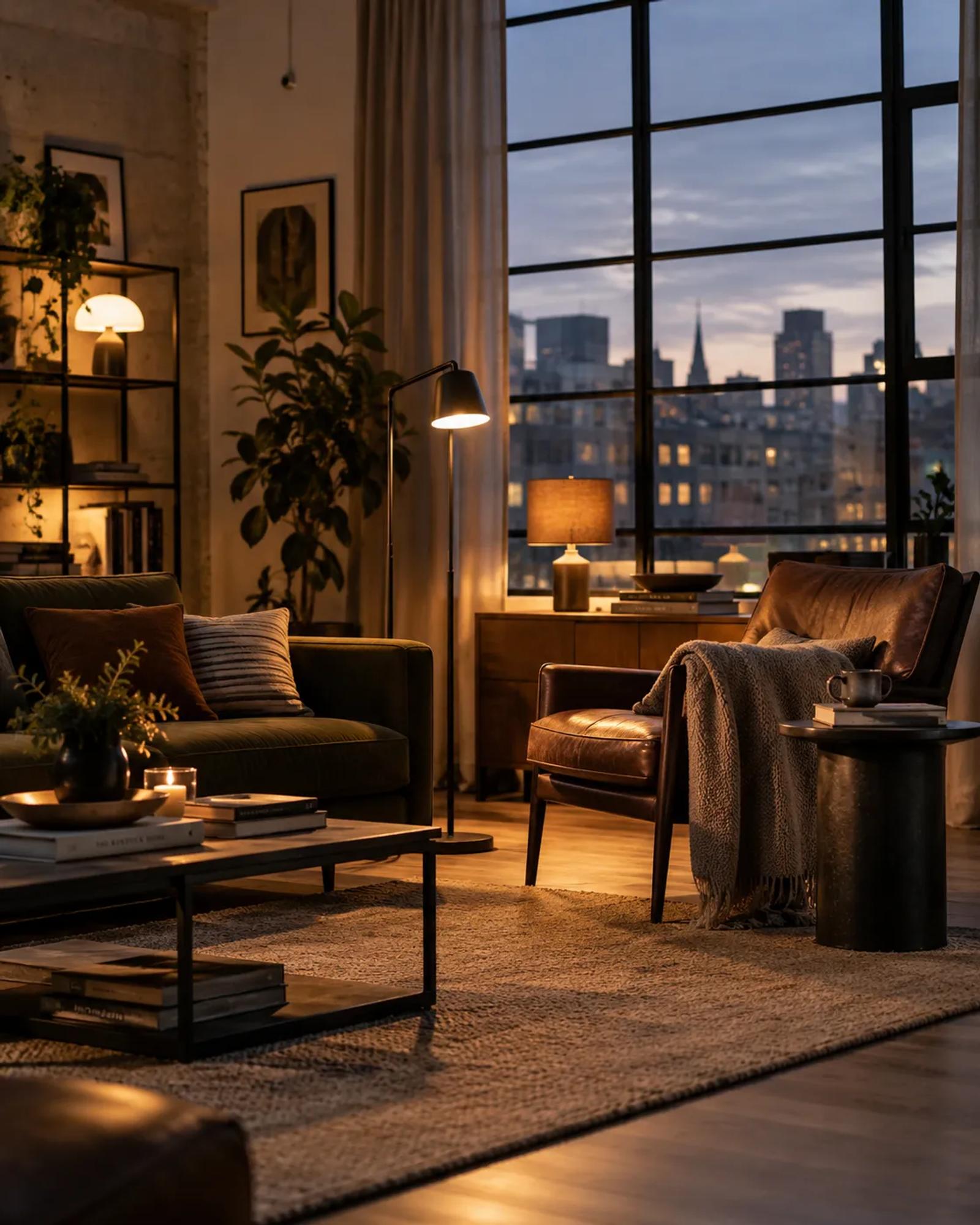 A softly lit living room at dusk with lamps and a wool throw, made warm and welcoming for darker autumn evenings.