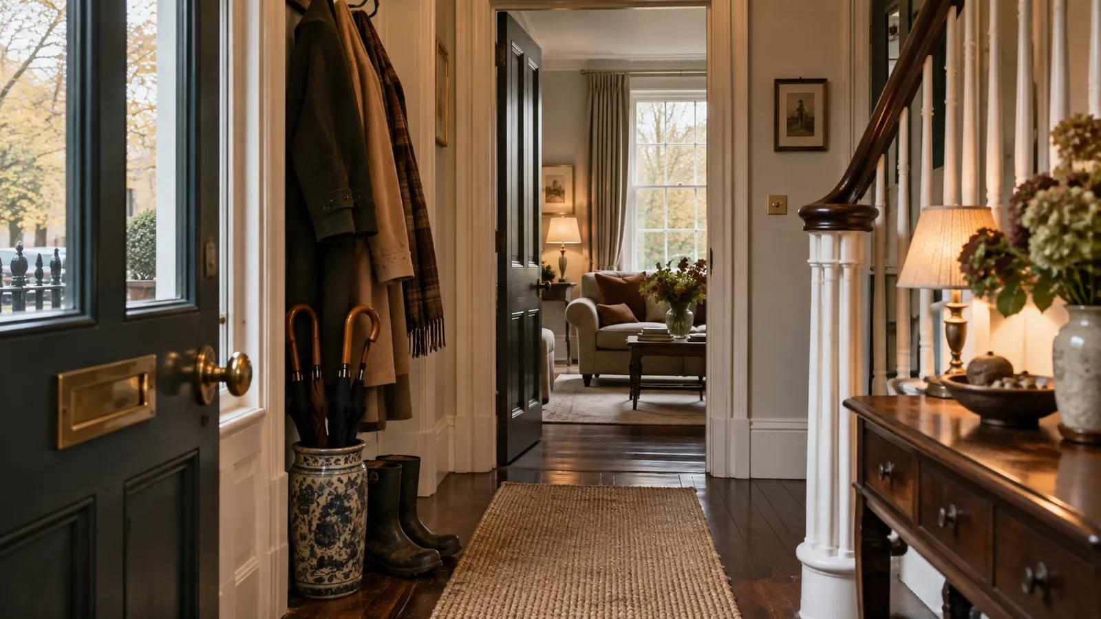 A bright period entrance hall prepared for autumn, with coats on hooks, an umbrella stand, wellington boots and a jute runner.