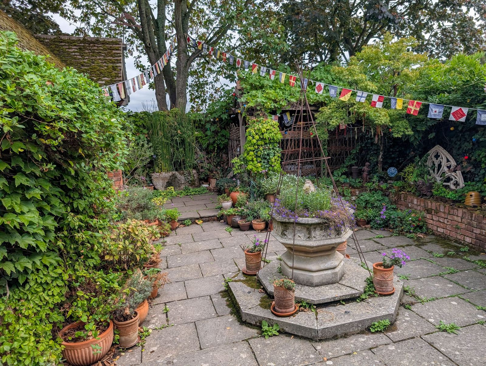 The garden courtyard at Talliston House and Gardens in Great Dunmow, Essex.