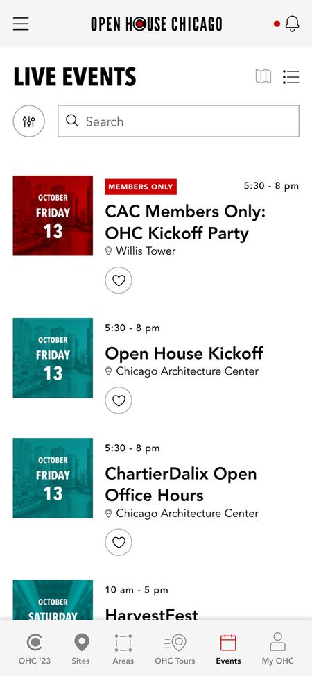 Open House Chicago live events listings with search and favoriting functionality