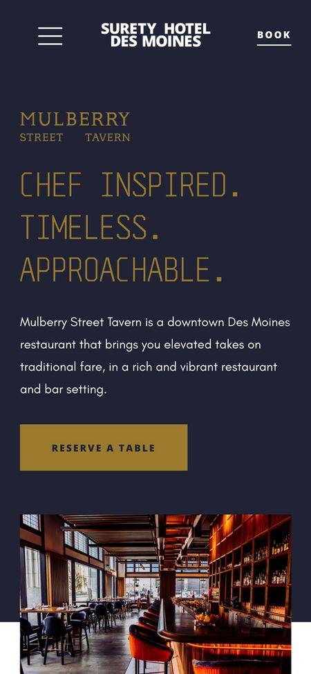 Mobile layout of Surety Hotel's Mulberry Street Tavern landing page, demonstrating responsiveness