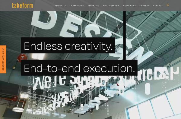 Screenshot of the homepage of takeform.net displaying the words 'Endless creativity. End-to-end execution.'