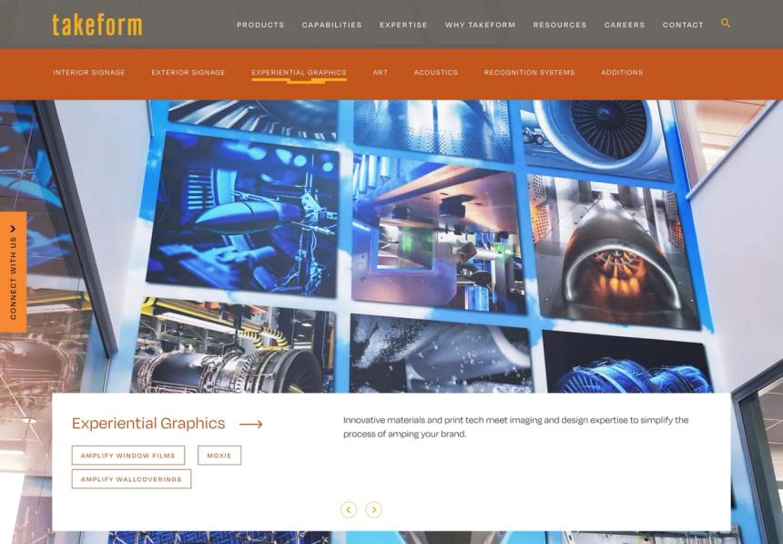 Screenshot of Carousel section from the takeform.net homepage detailing their services in Experiential Graphics