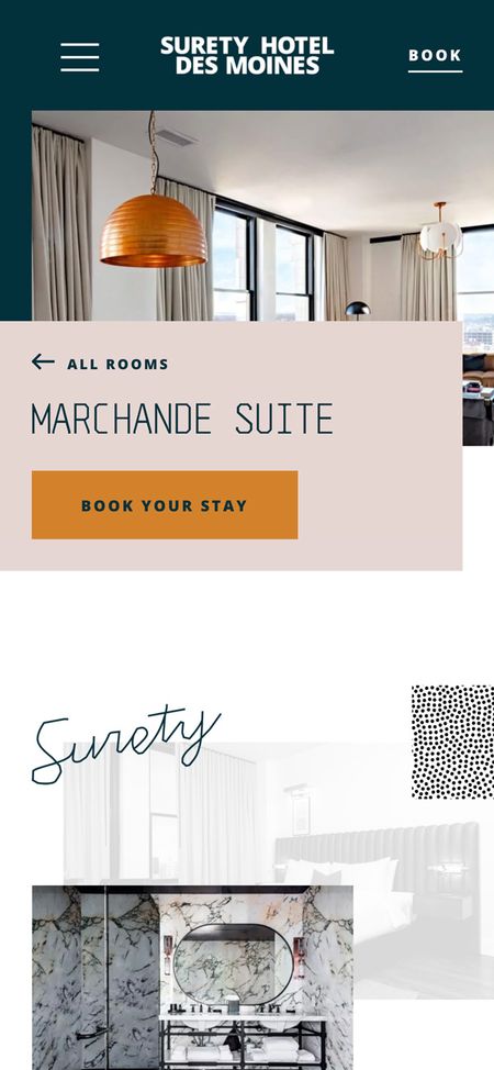 Mobile screenshot of a hotel room detail page, demonstrating the website's unique and modern asymmetrical designs.